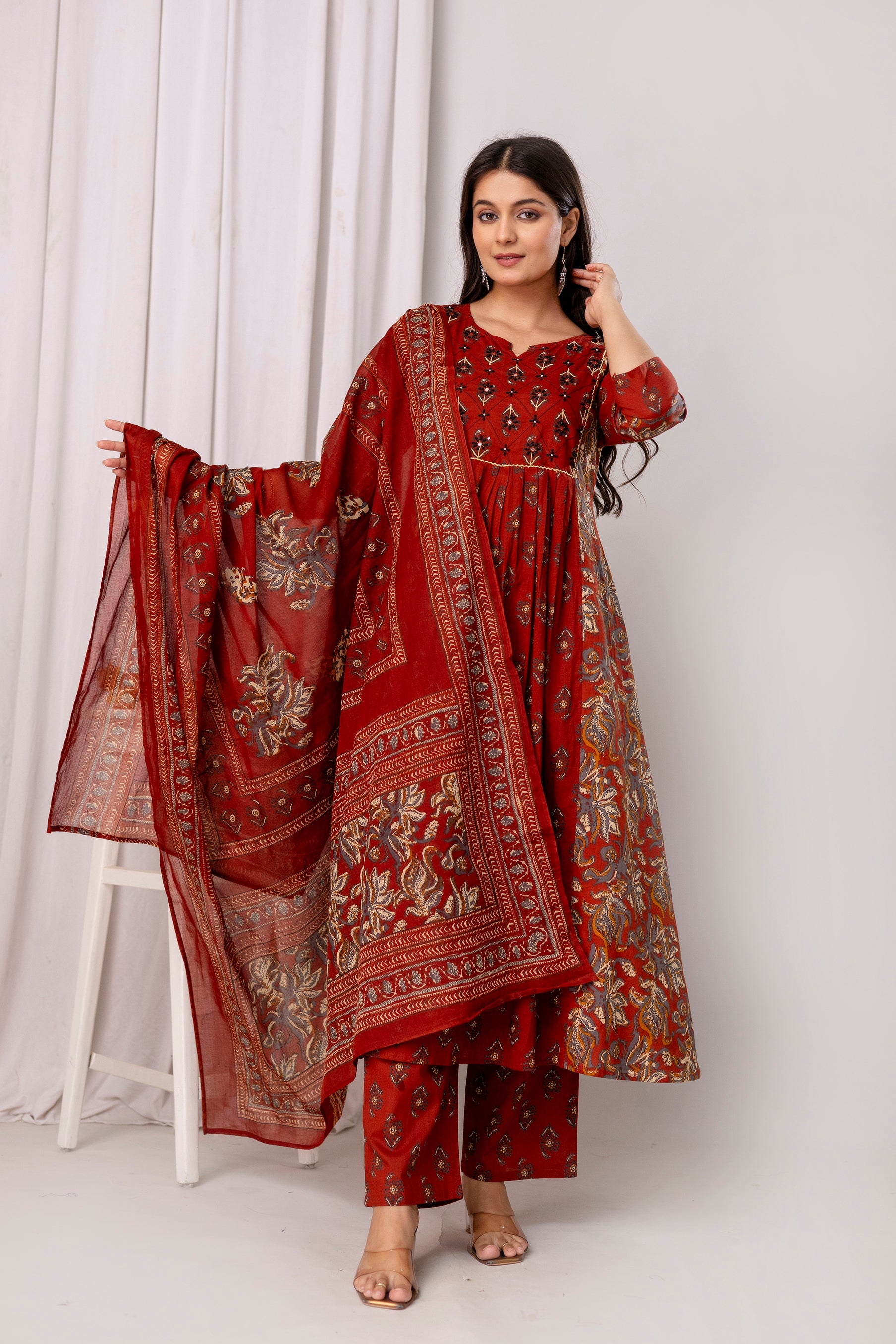 Pure cotton  floral print flared kurta pant dupatta set