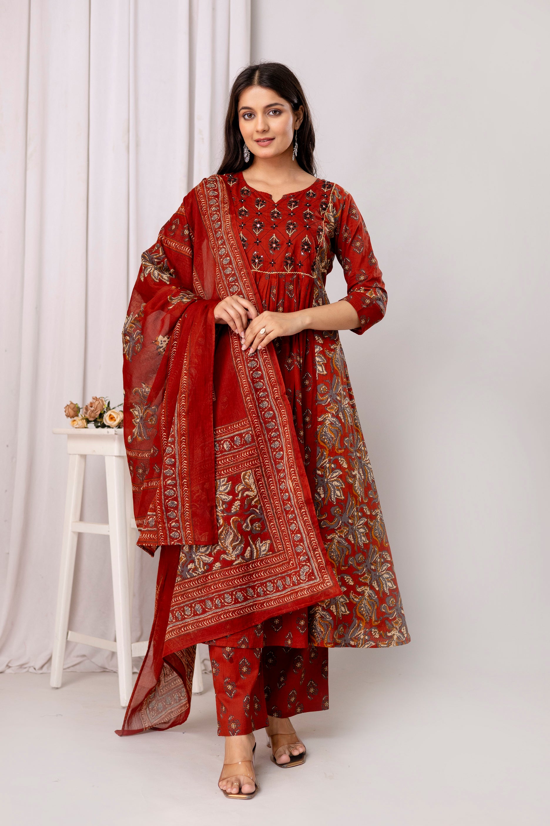 Pure cotton  floral print flared kurta pant dupatta set