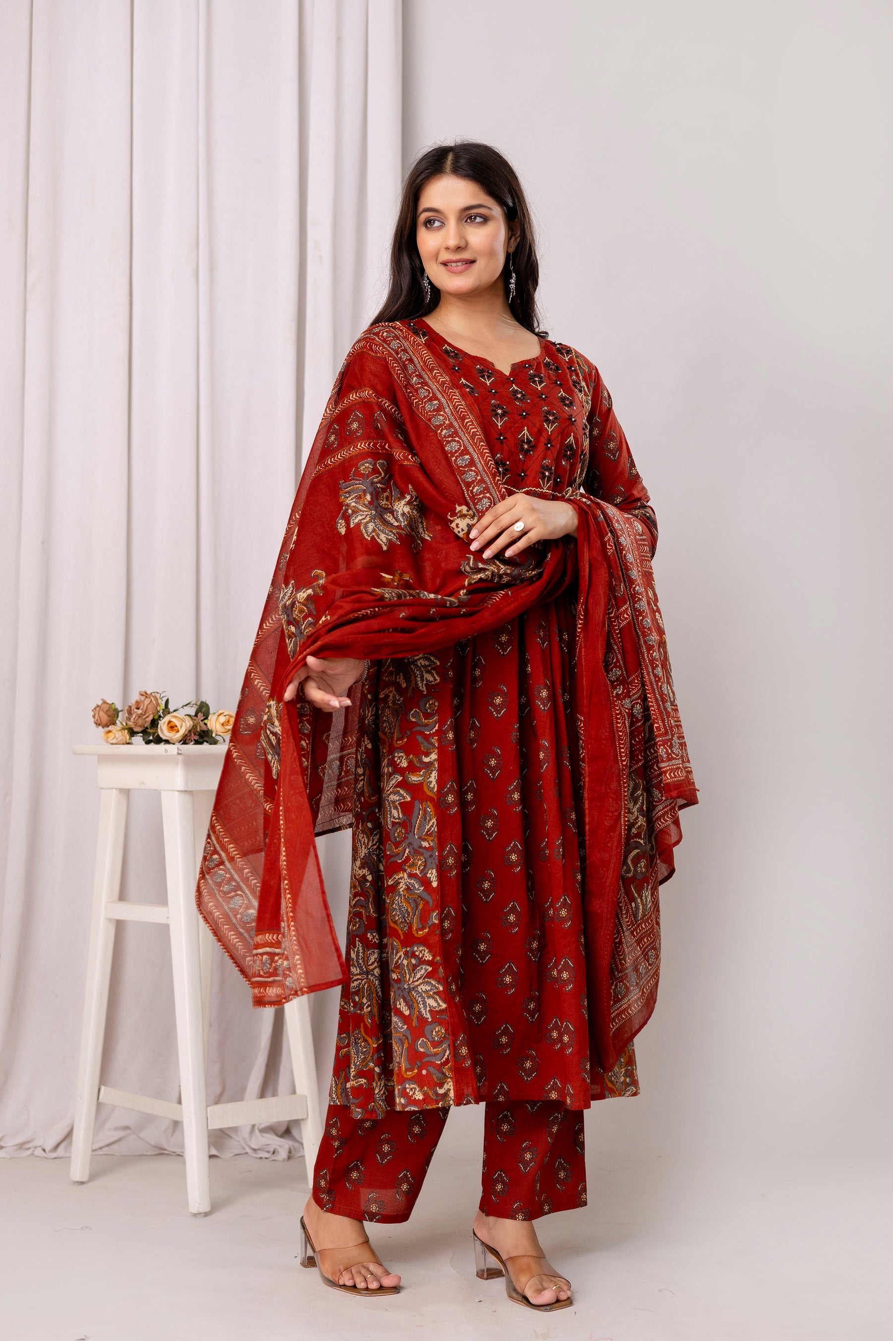 Pure cotton  floral print flared kurta pant dupatta set