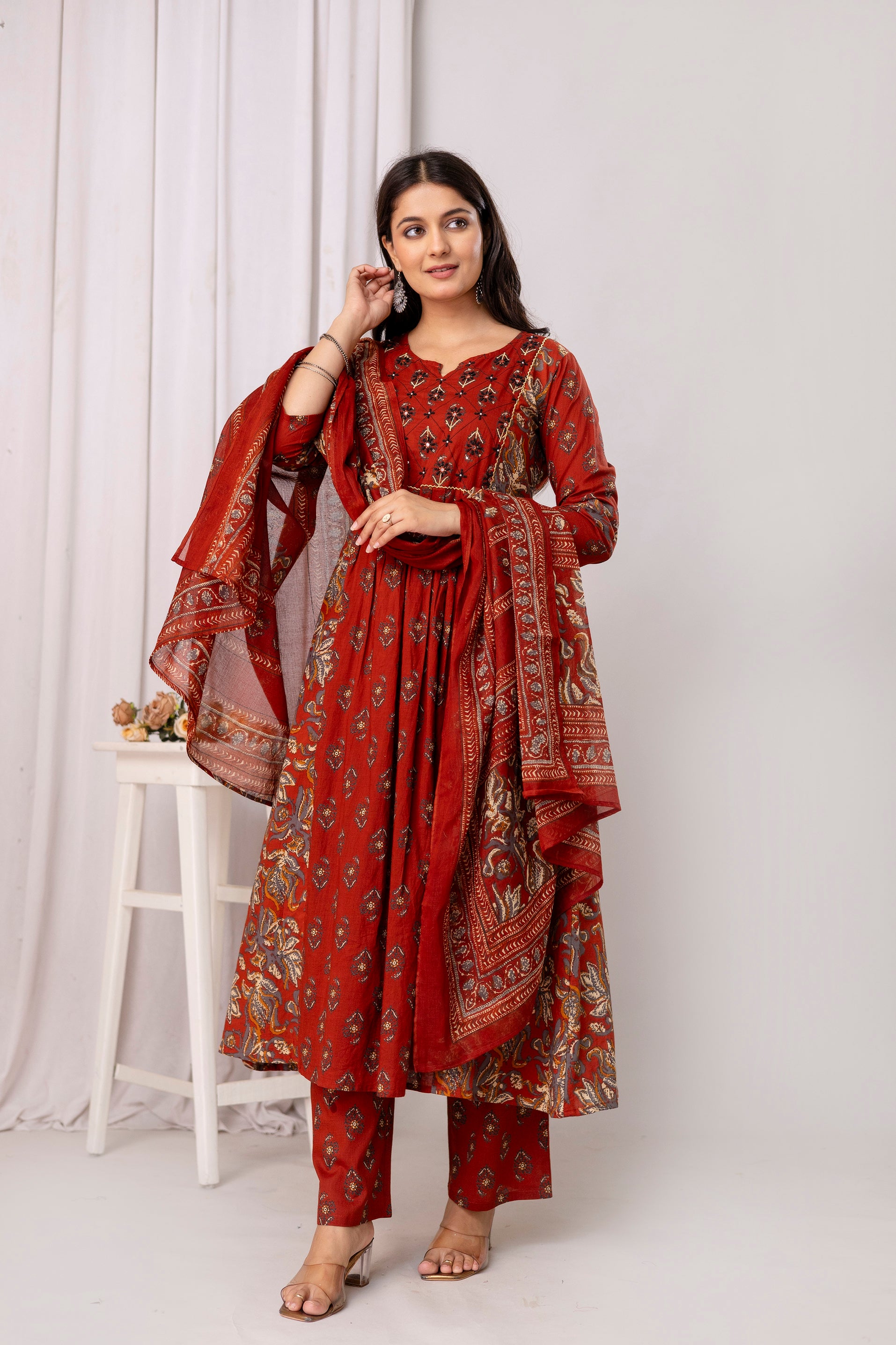 Pure cotton  floral print flared kurta pant dupatta set
