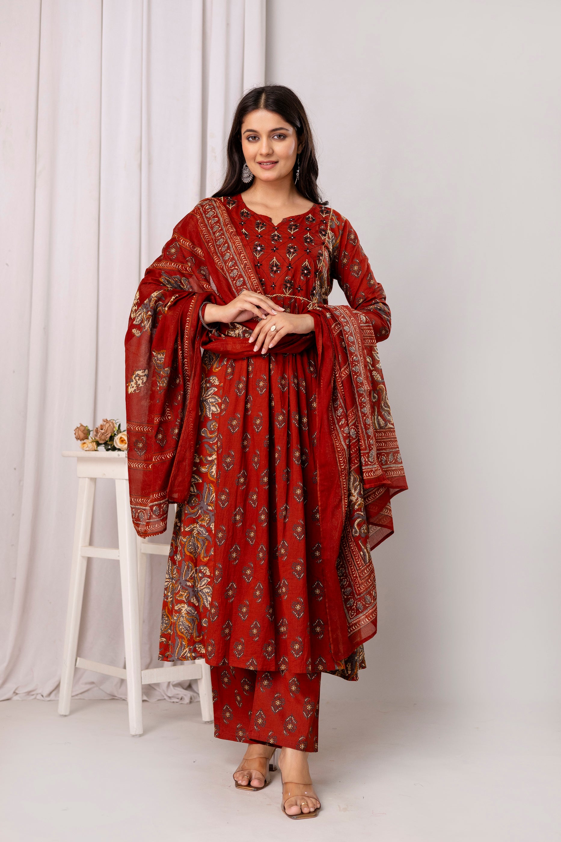 Pure cotton  floral print flared kurta pant dupatta set