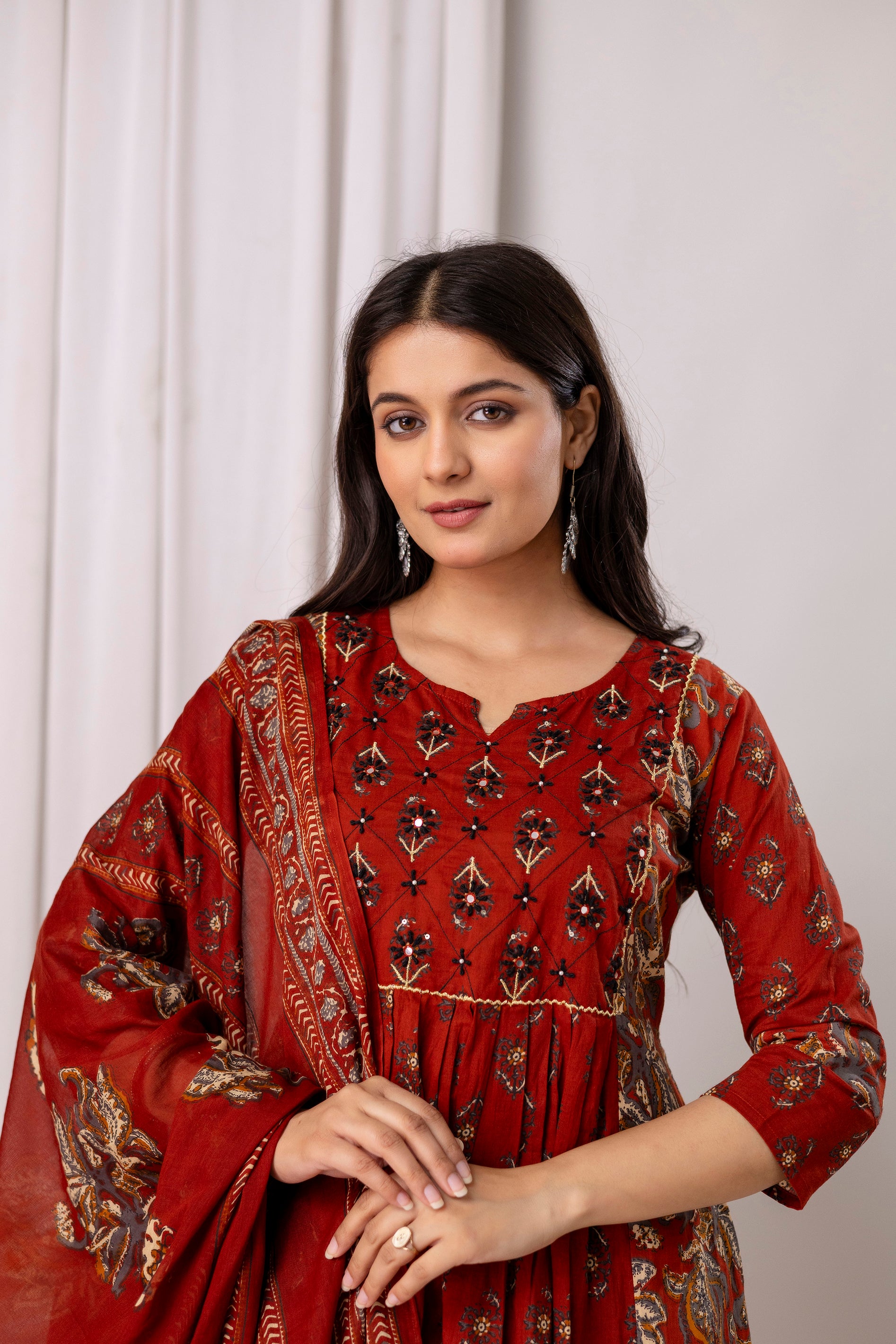 Pure cotton  floral print flared kurta pant dupatta set