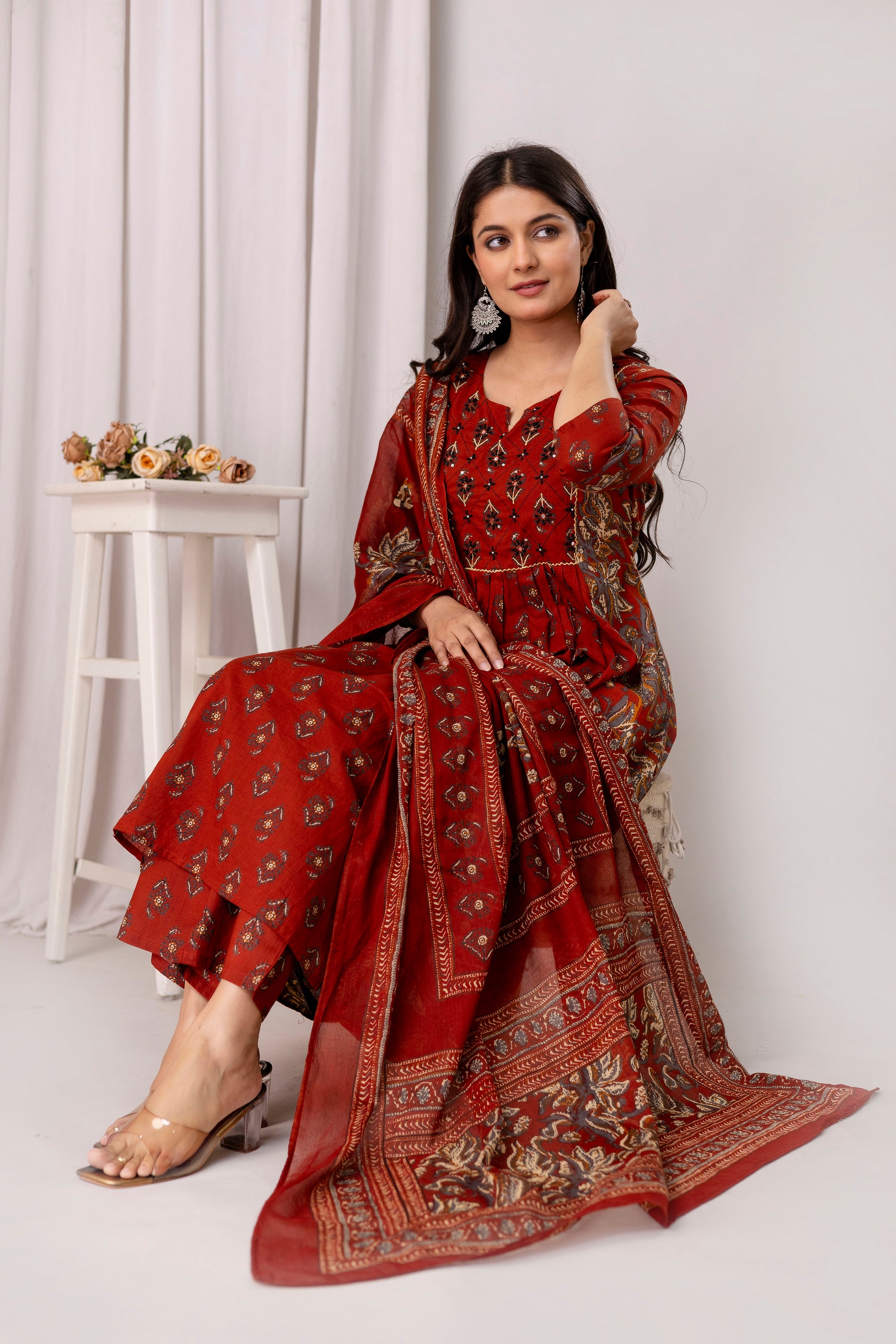 Pure cotton  floral print flared kurta pant dupatta set