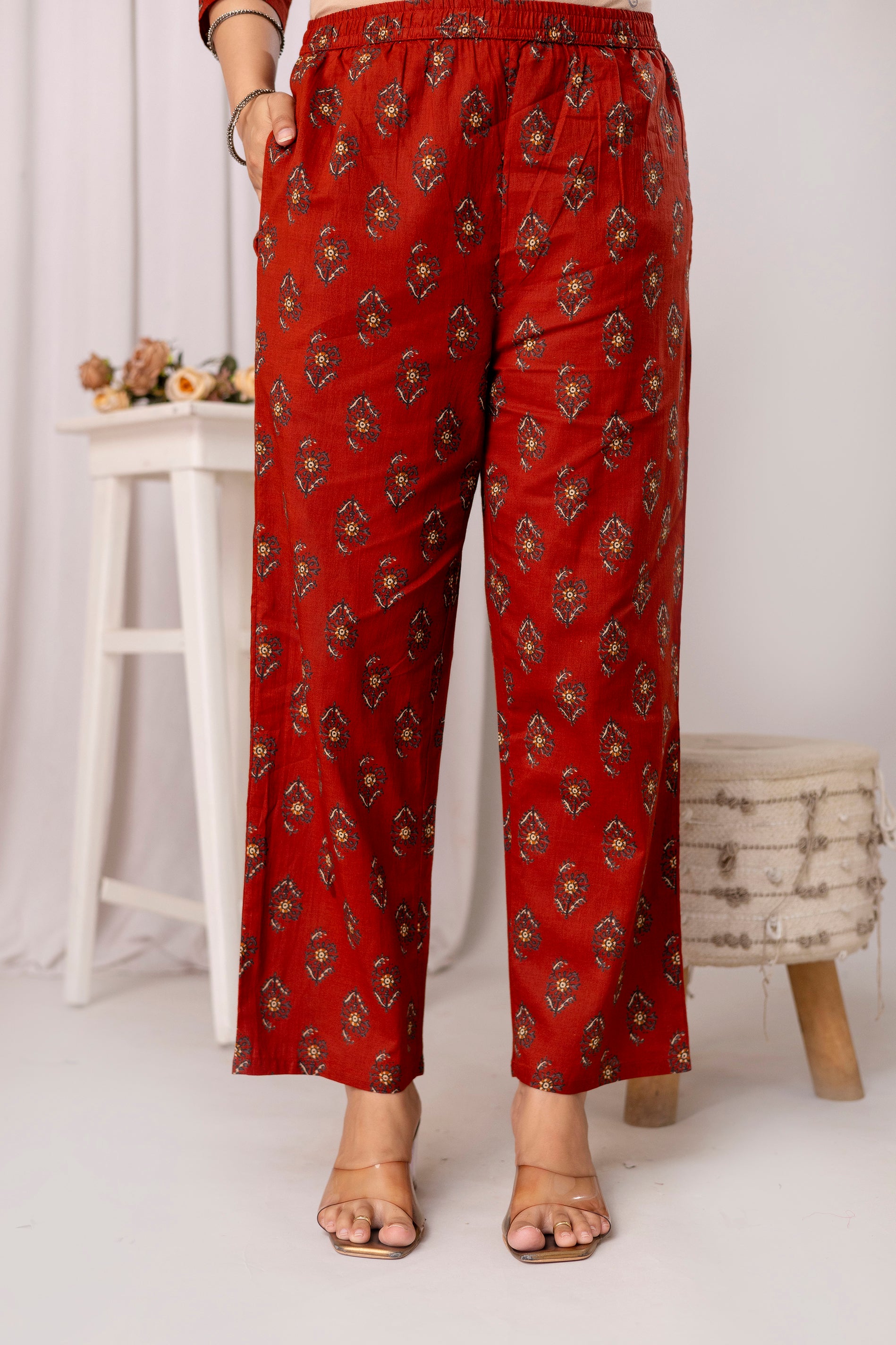 Pure cotton  floral print flared kurta pant dupatta set