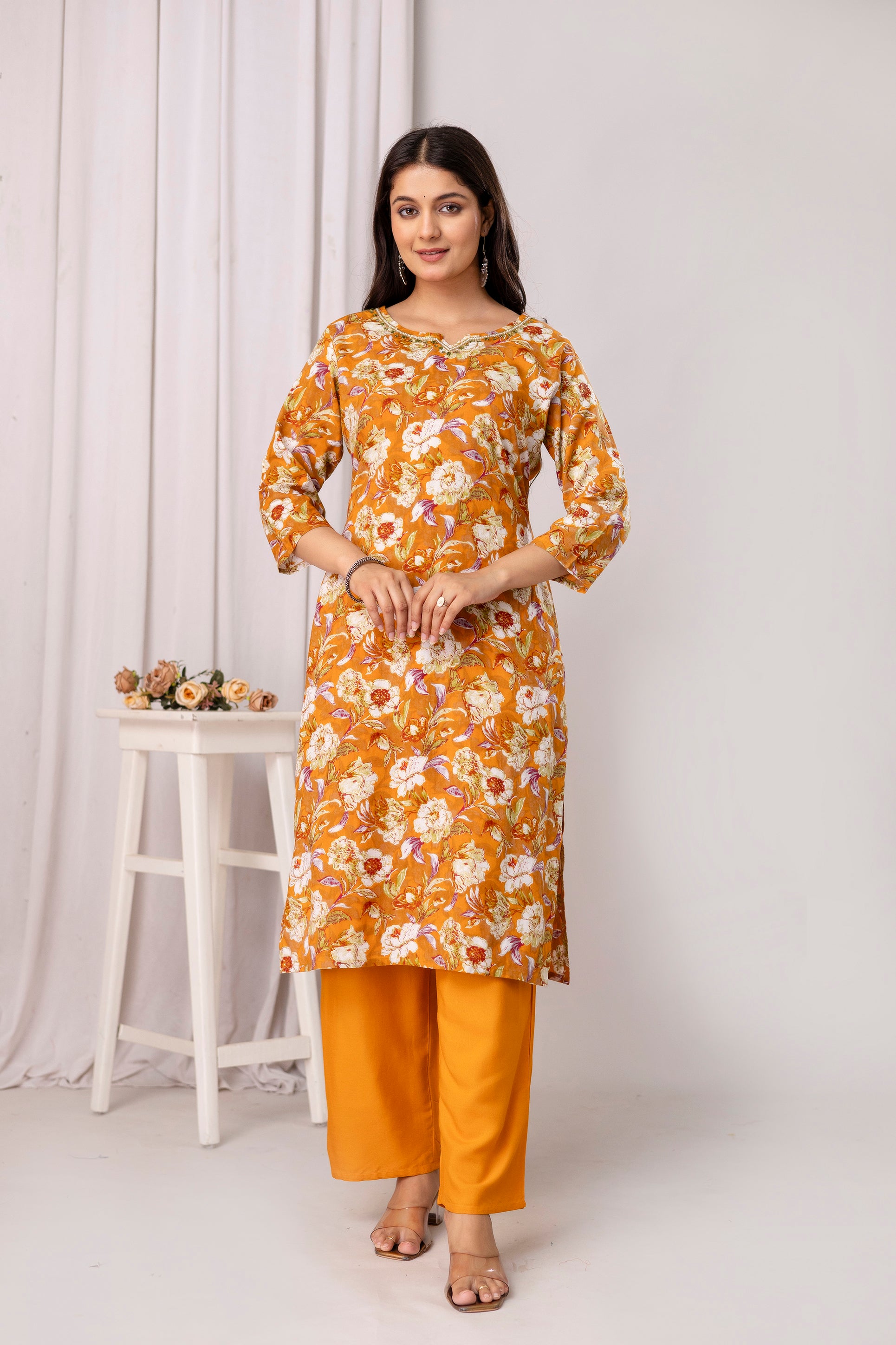 Womens Rayon foil printed straight kurta pant dupatta set
