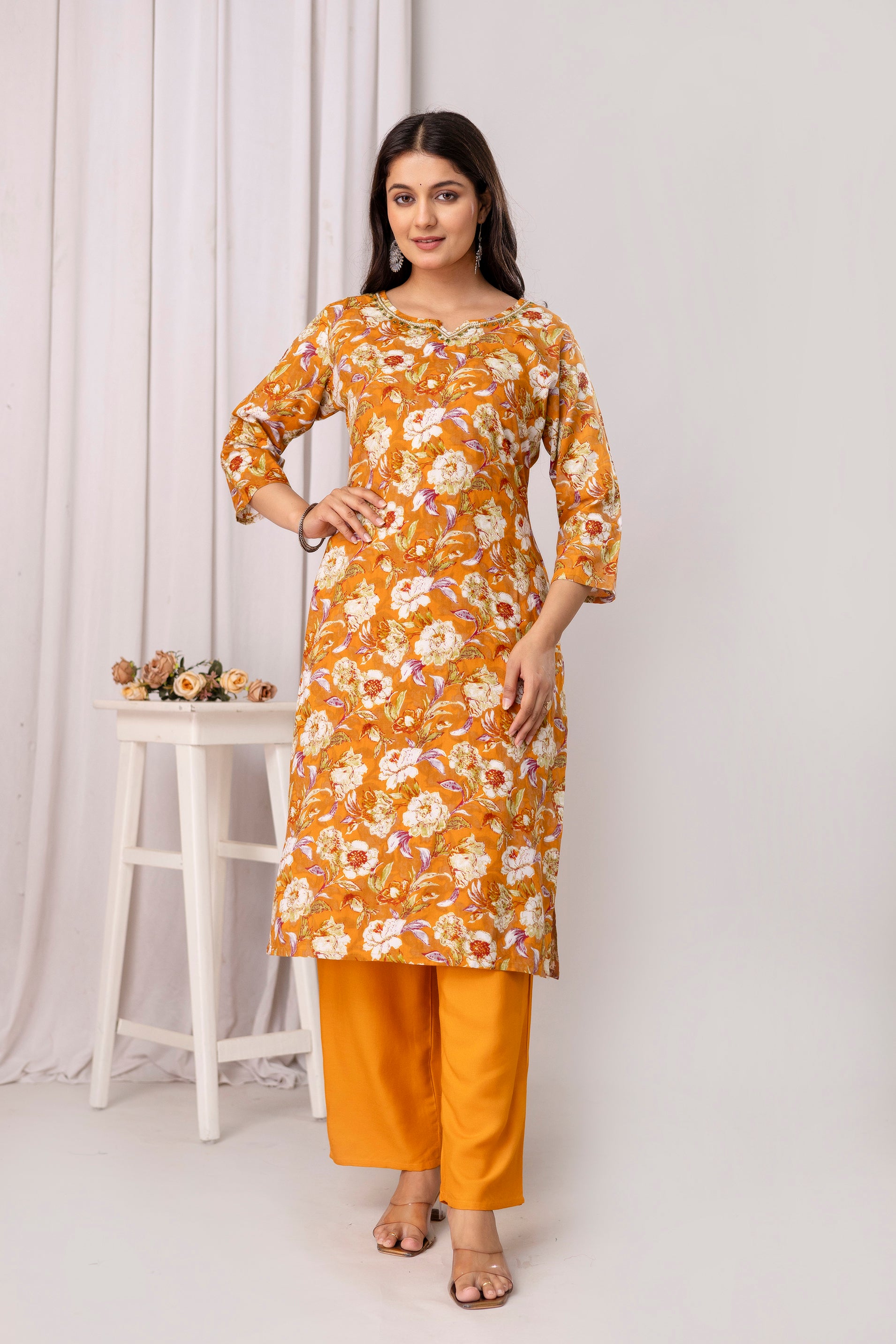 Womens Rayon foil printed straight kurta pant dupatta set