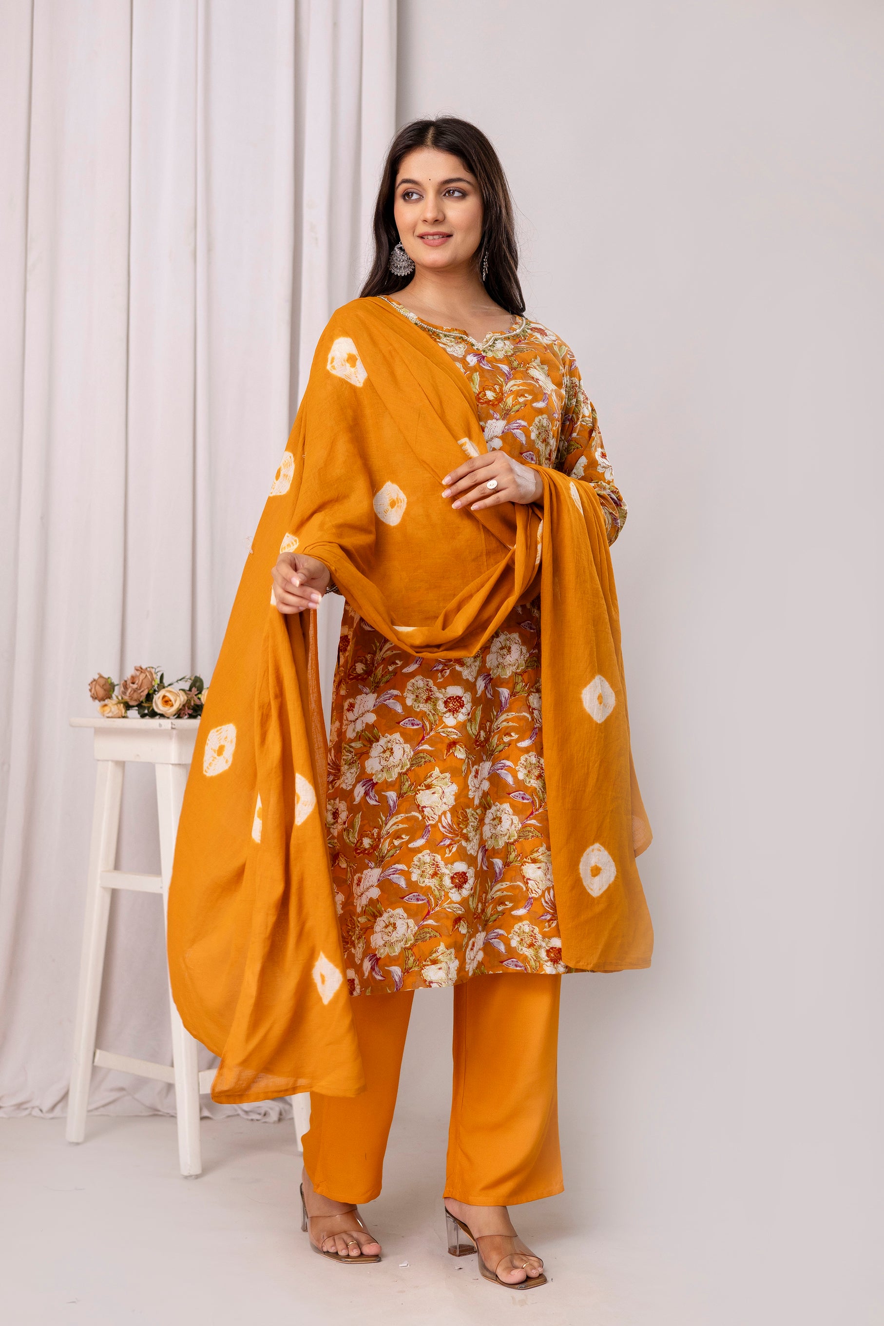Womens Rayon foil printed straight kurta pant dupatta set