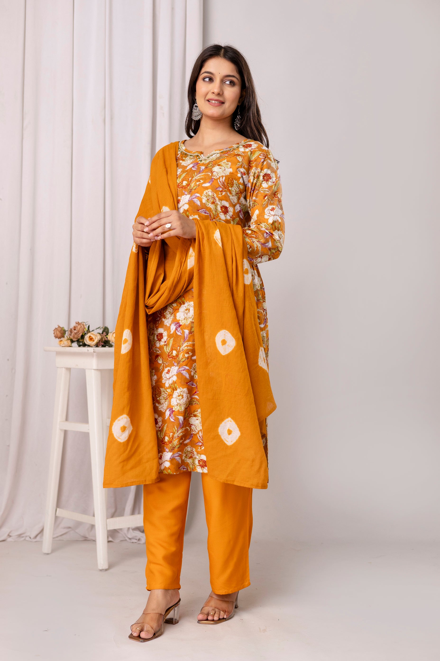 Womens Rayon foil printed straight kurta pant dupatta set