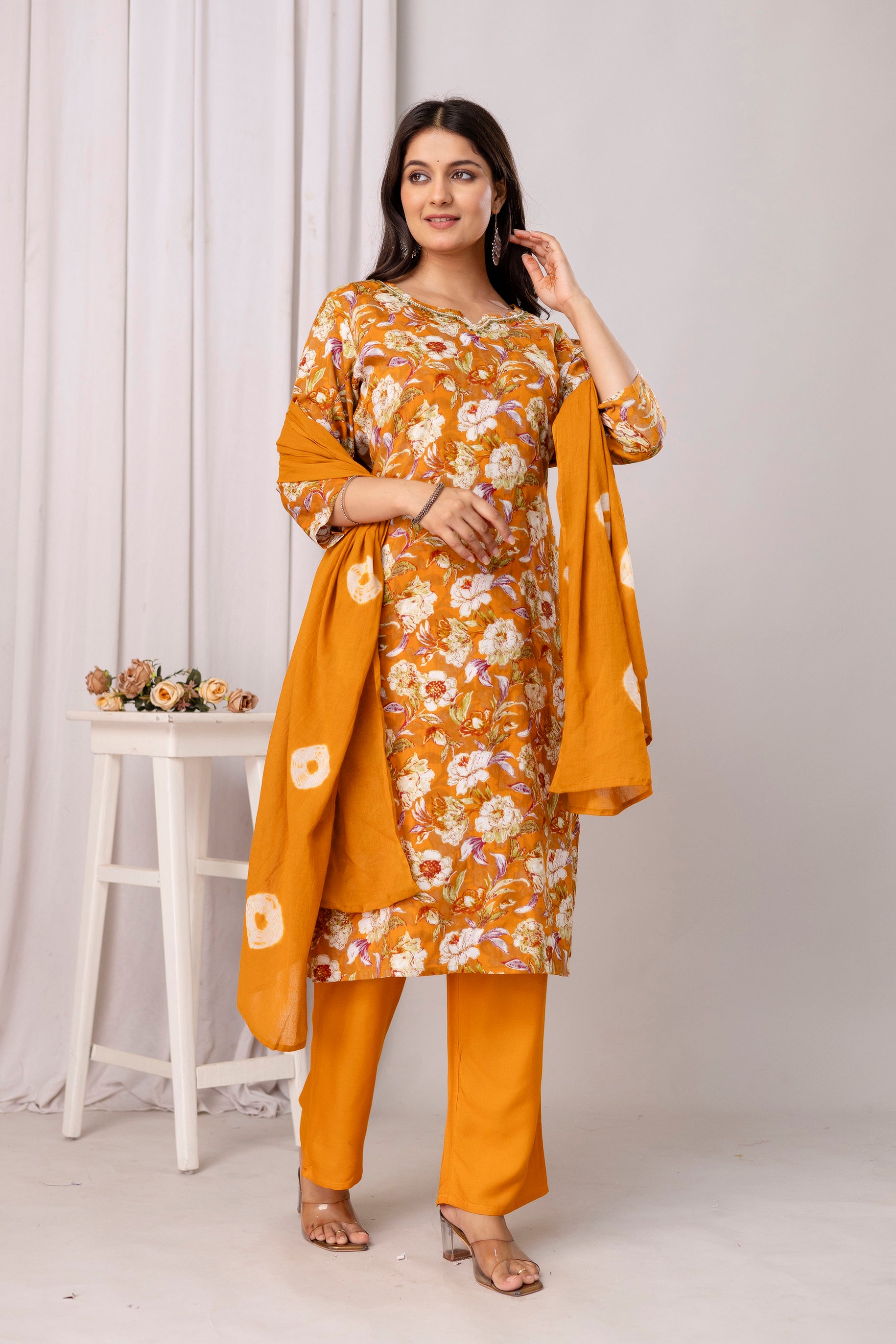 Womens Rayon foil printed straight kurta pant dupatta set