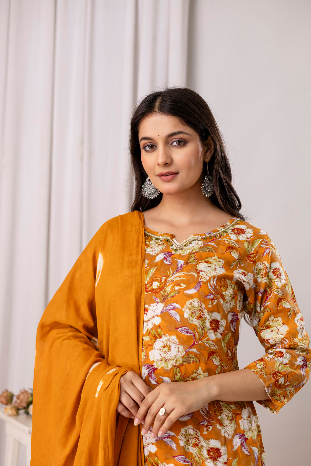 Womens Rayon foil printed straight kurta pant dupatta set