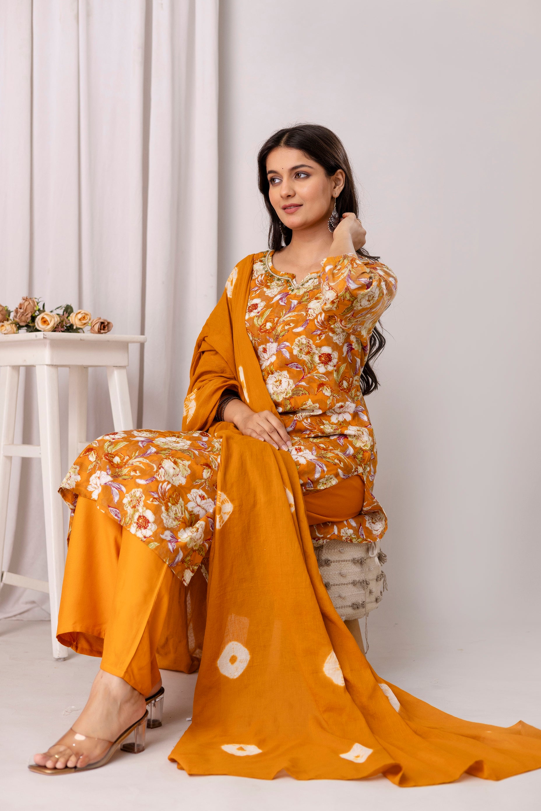 Womens Rayon foil printed straight kurta pant dupatta set