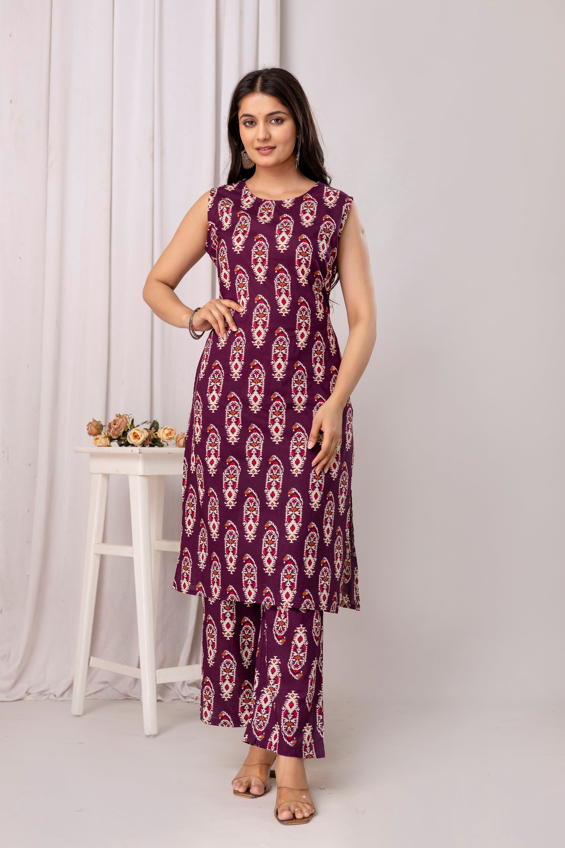 Womens Pure cotton Sleeveless Kurta pant dupatta set