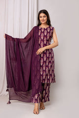 Womens Pure cotton Sleeveless Kurta pant dupatta set