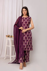 Womens Pure cotton Sleeveless Kurta pant dupatta set