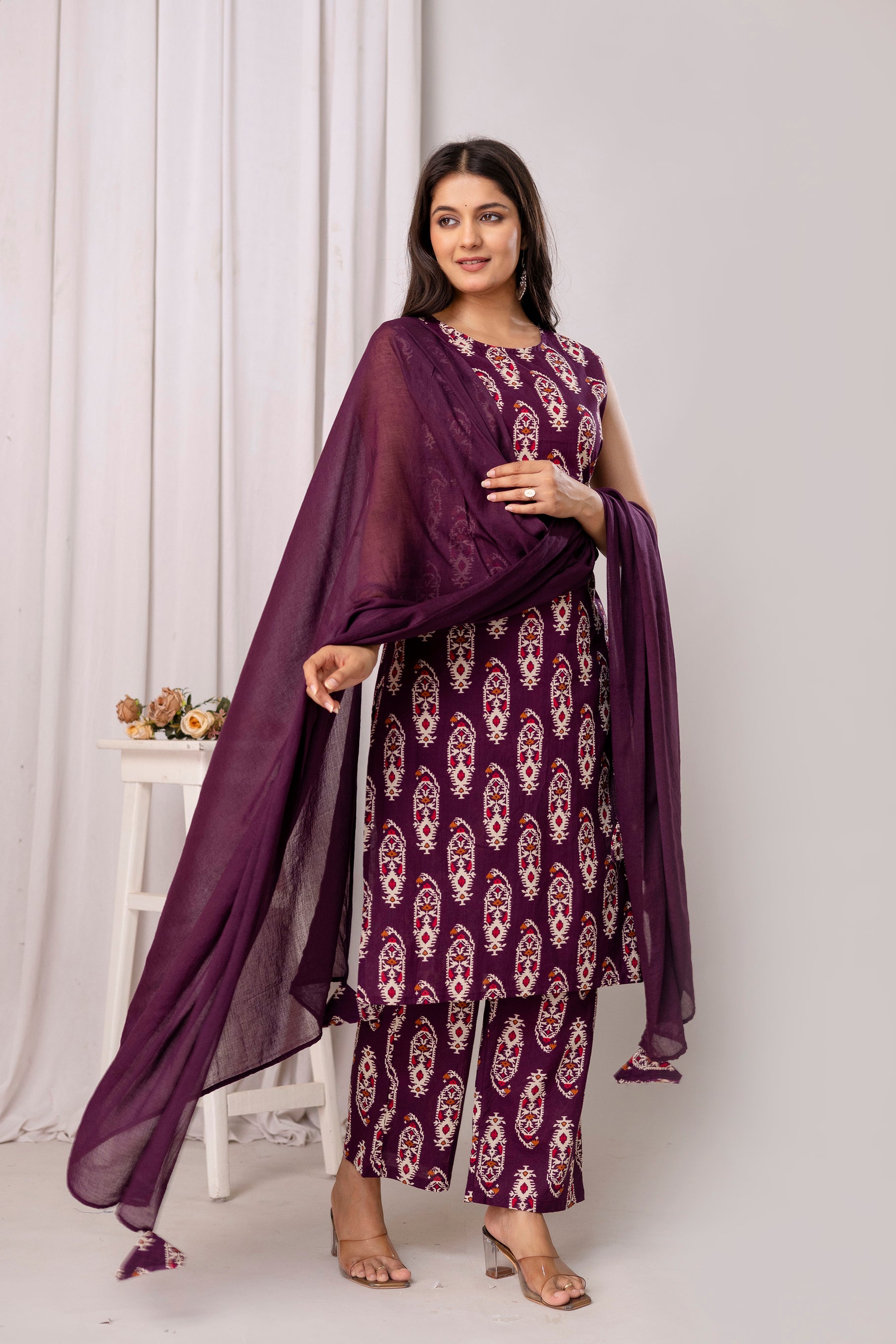 Womens Pure cotton Sleeveless Kurta pant dupatta set