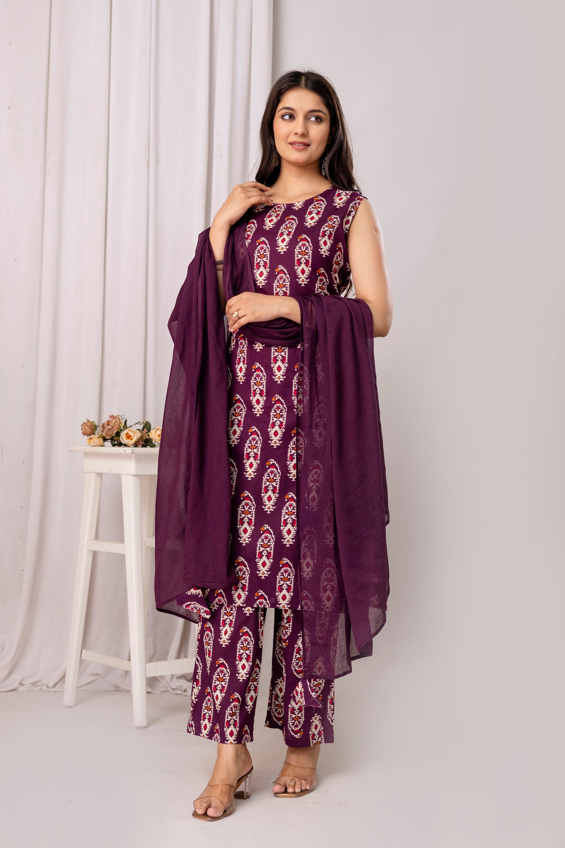 Womens Pure cotton Sleeveless Kurta pant dupatta set