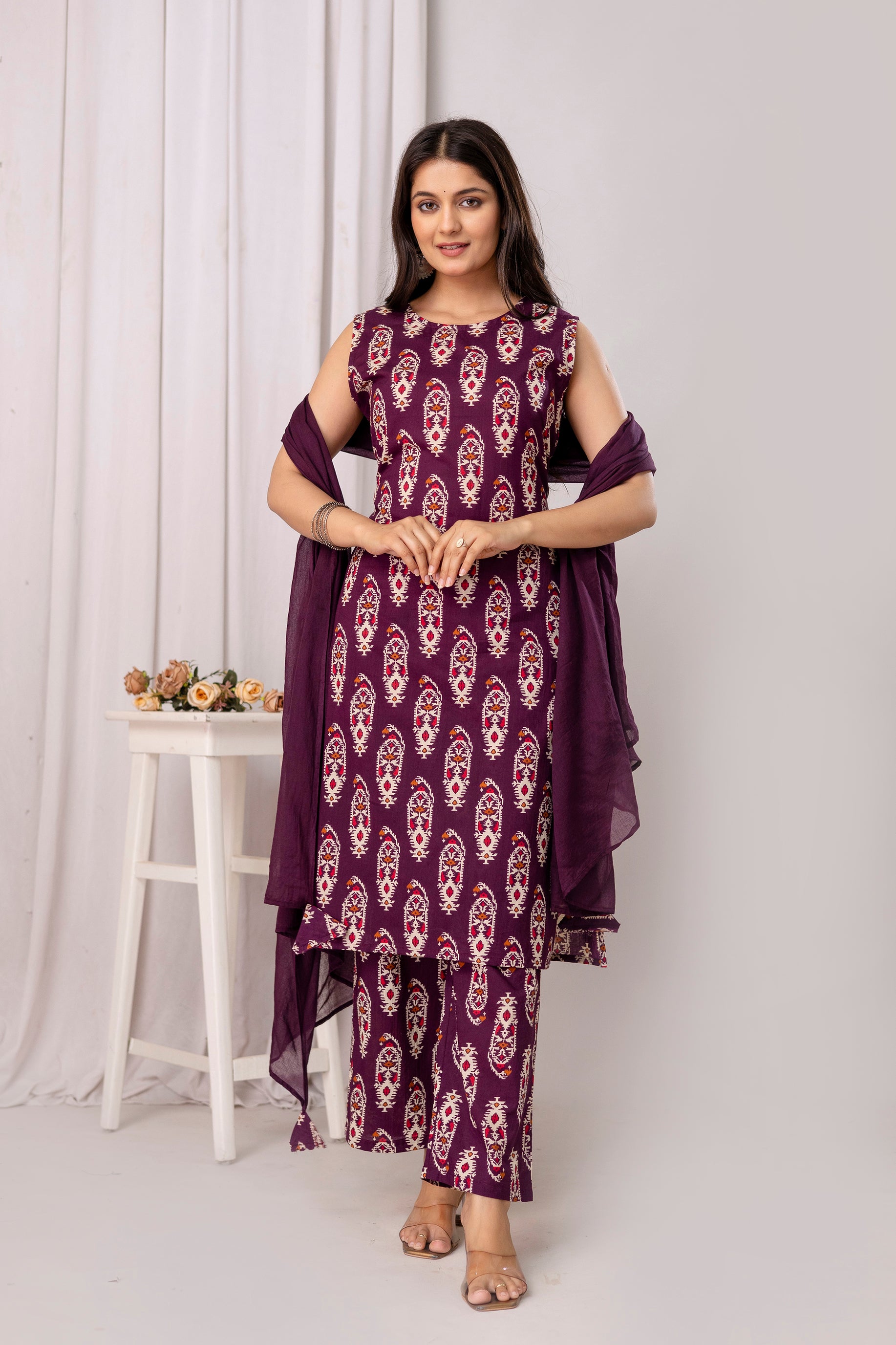 Womens Pure cotton Sleeveless Kurta pant dupatta set