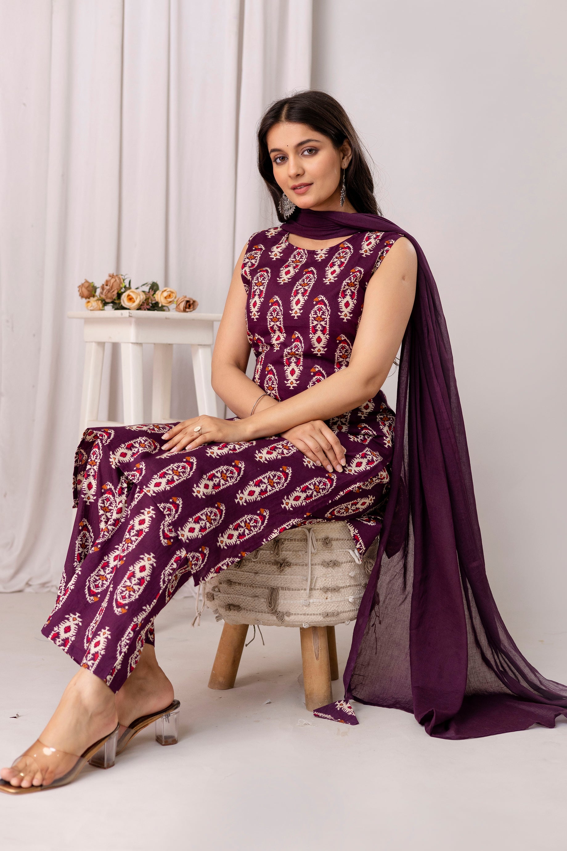 Womens Pure cotton Sleeveless Kurta pant dupatta set