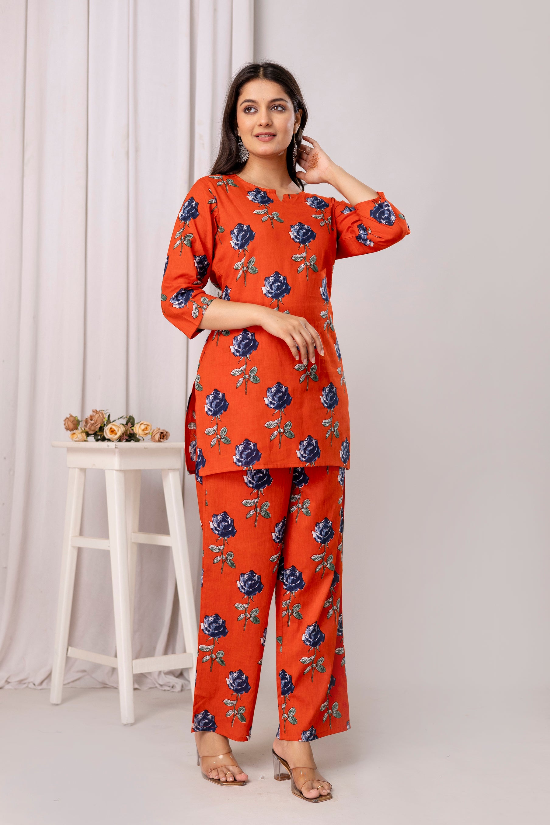 Womens Pure cotton Floral print Kurti style co-ord set