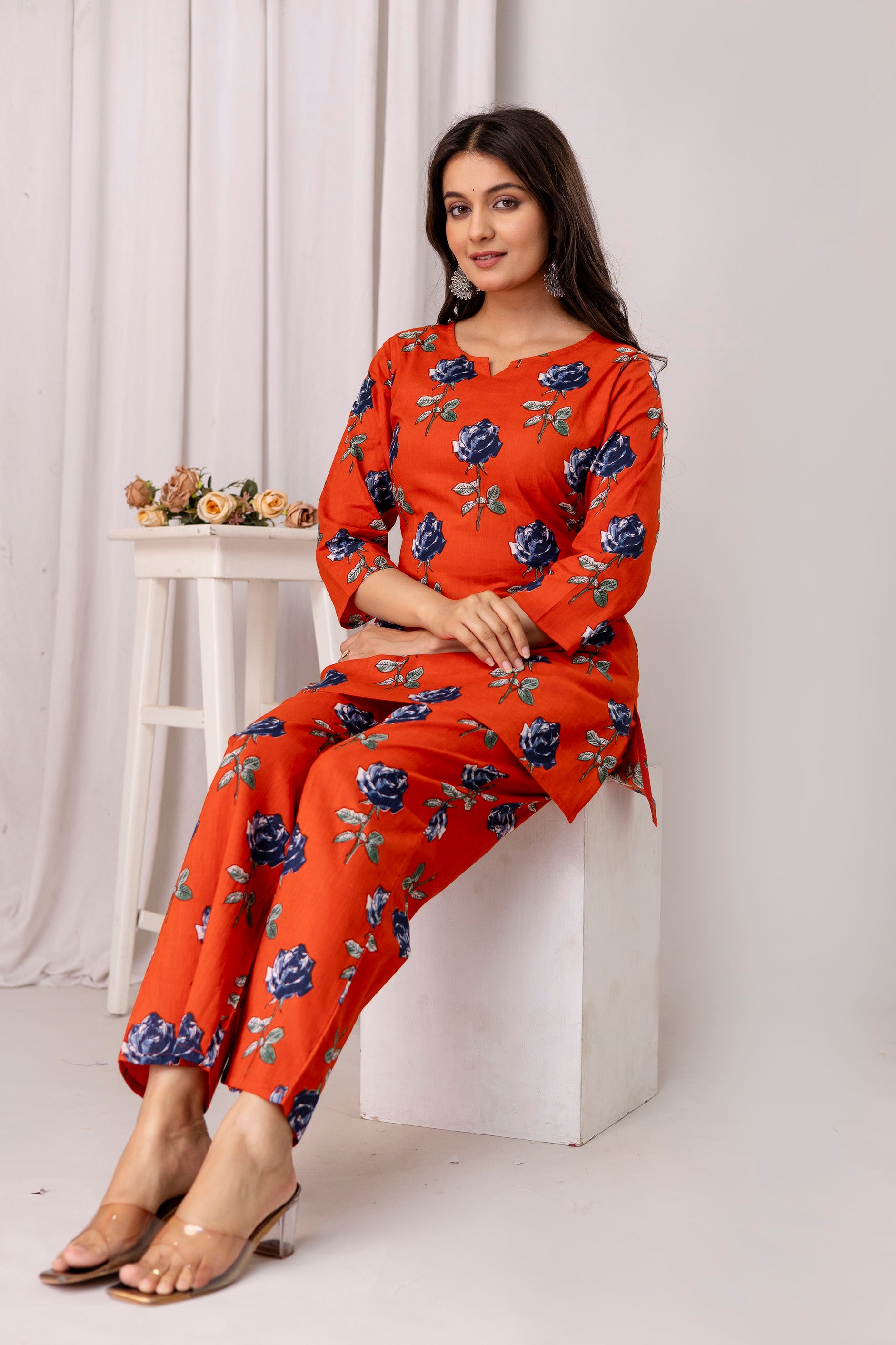 Womens Pure cotton Floral print Kurti style co-ord set