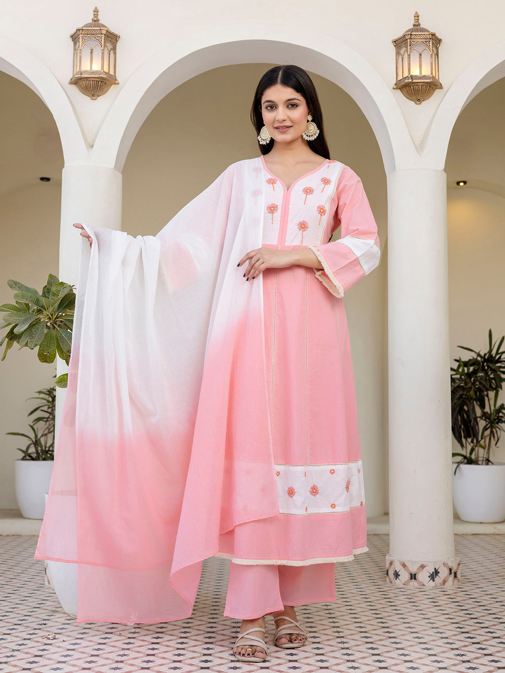 Erisha Womens Blush Pink A-line Kurta pant Dupatta set