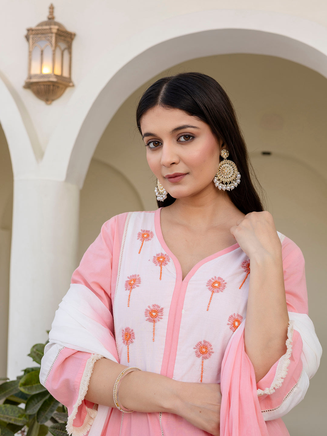 Erisha Womens Blush Pink A-line Kurta pant Dupatta set