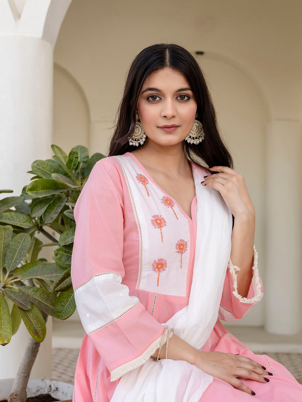 Erisha Womens Blush Pink A-line Kurta pant Dupatta set
