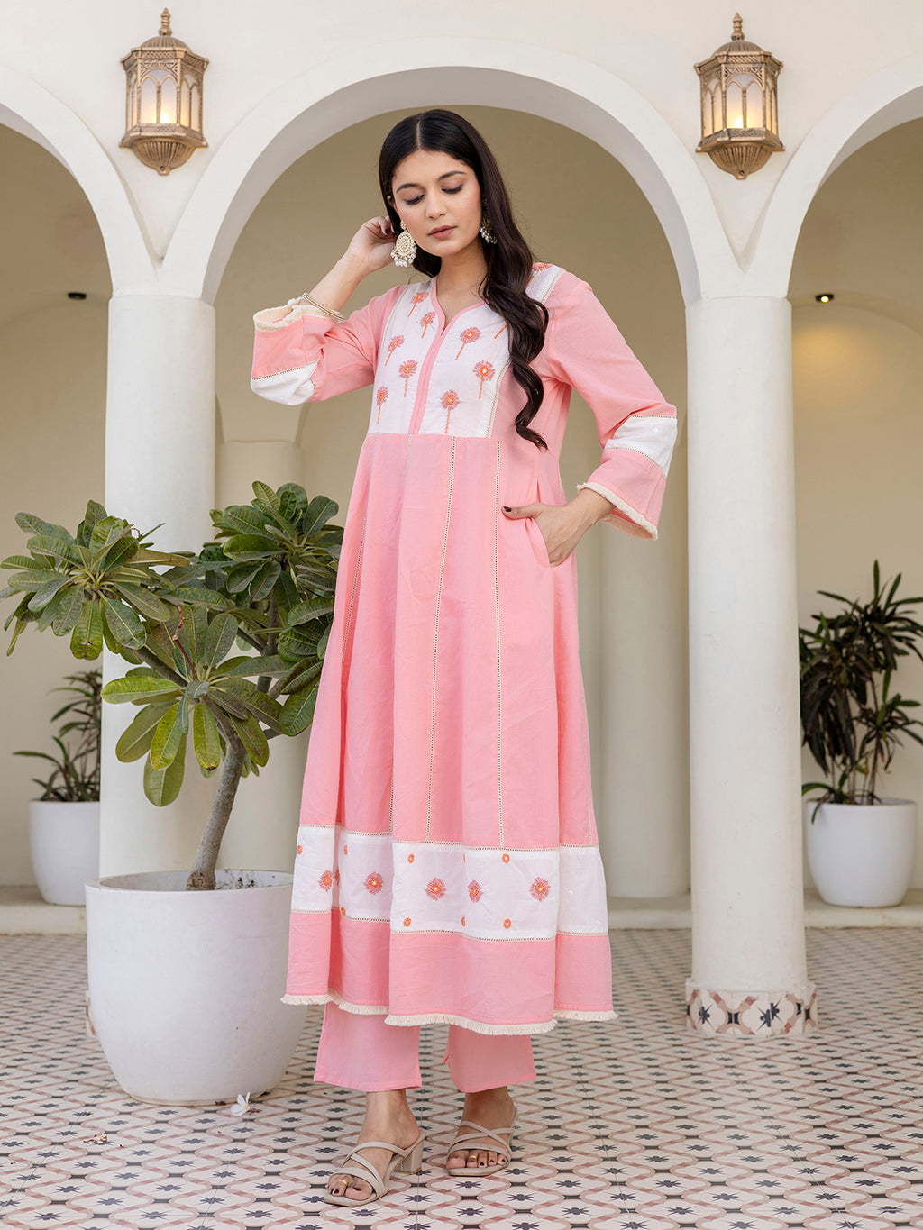 Erisha Womens Blush Pink A-line Kurta pant Dupatta set