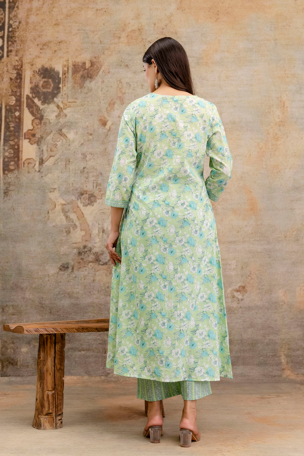 Pure cotton Floral print embroidered Angrakha Kurta pant dupatta set