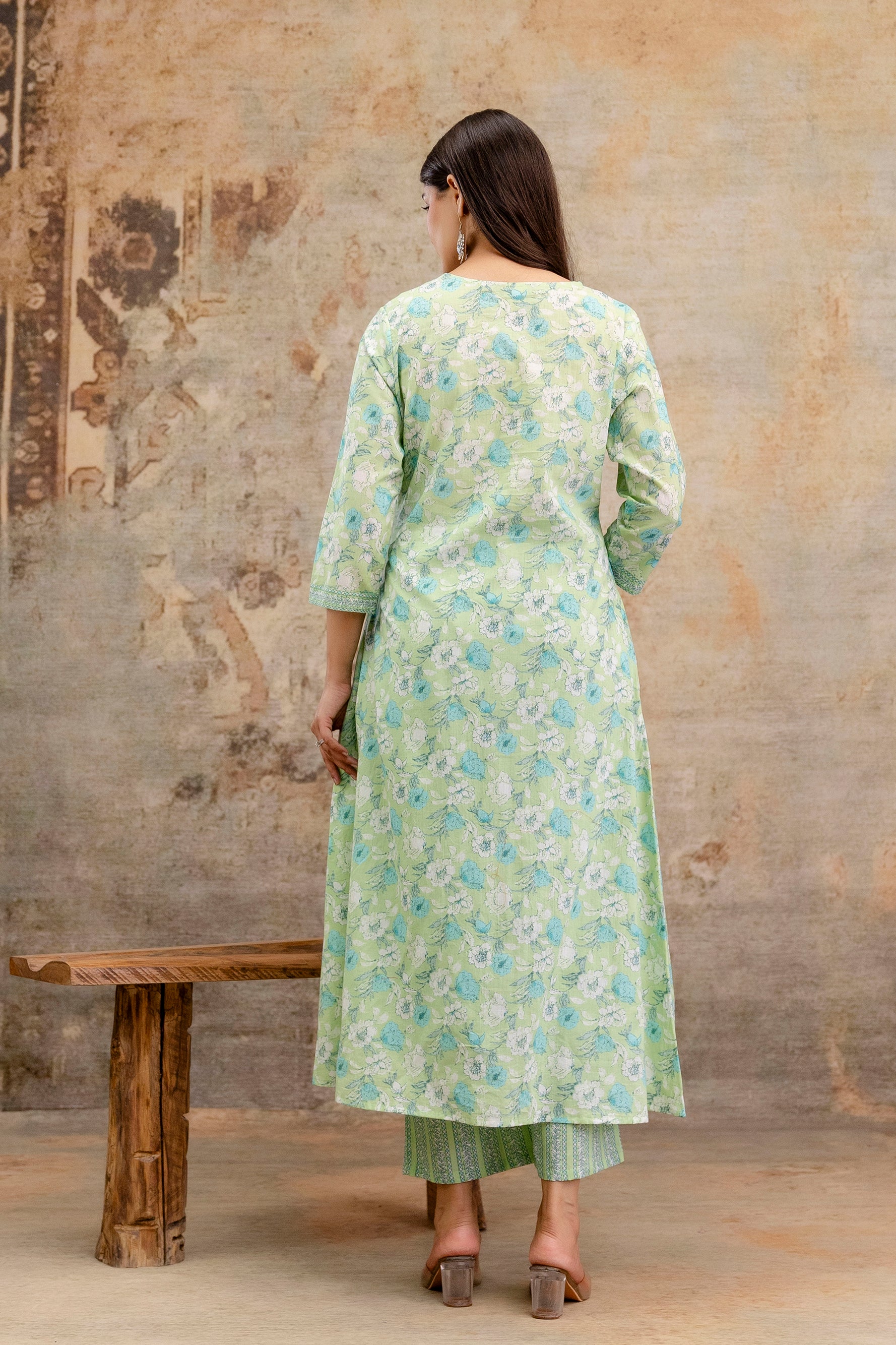 Pure cotton Floral print embroidered Angrakha Kurta pant dupatta set