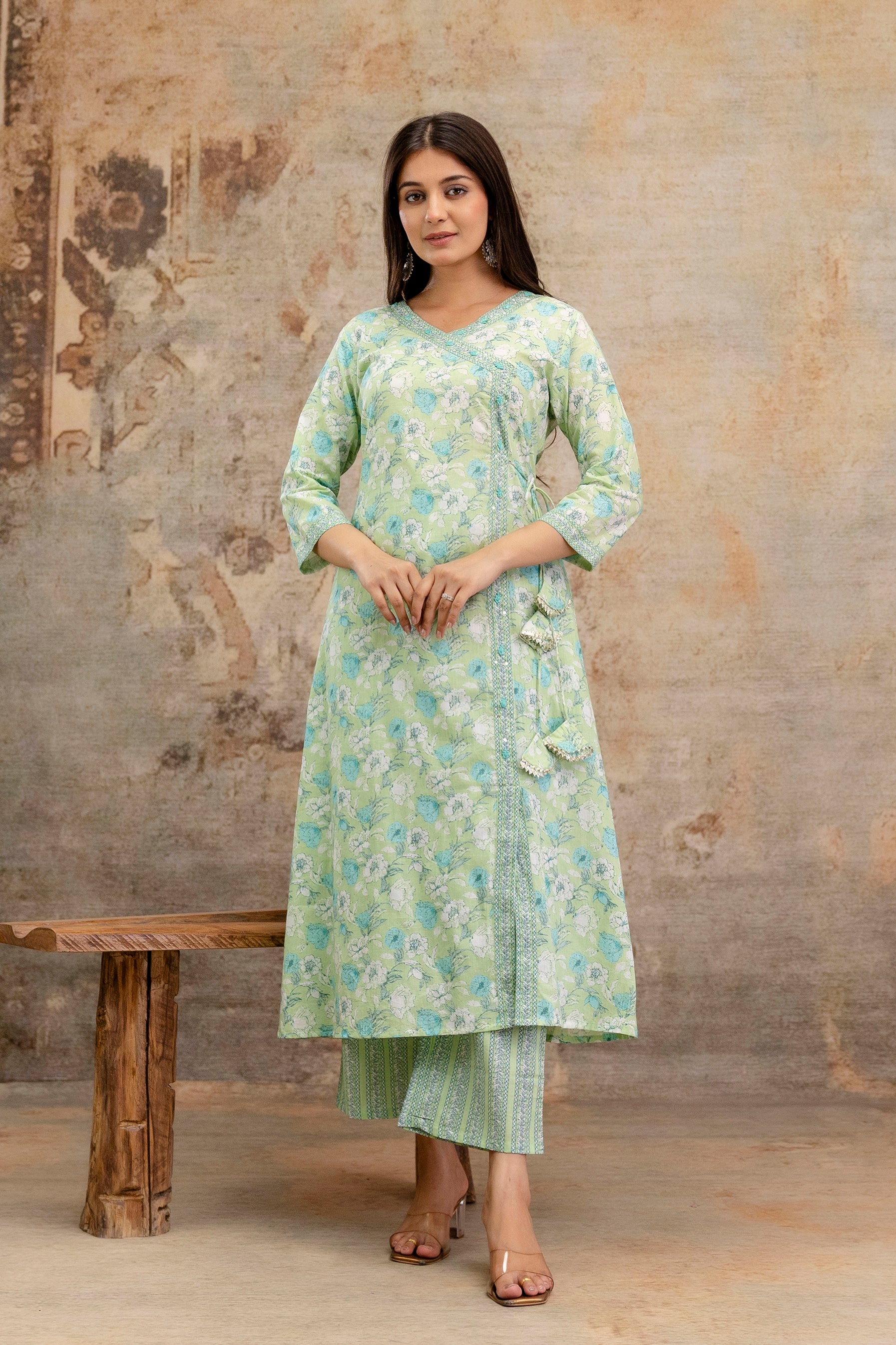 Pure cotton Floral print embroidered Angrakha Kurta pant dupatta set