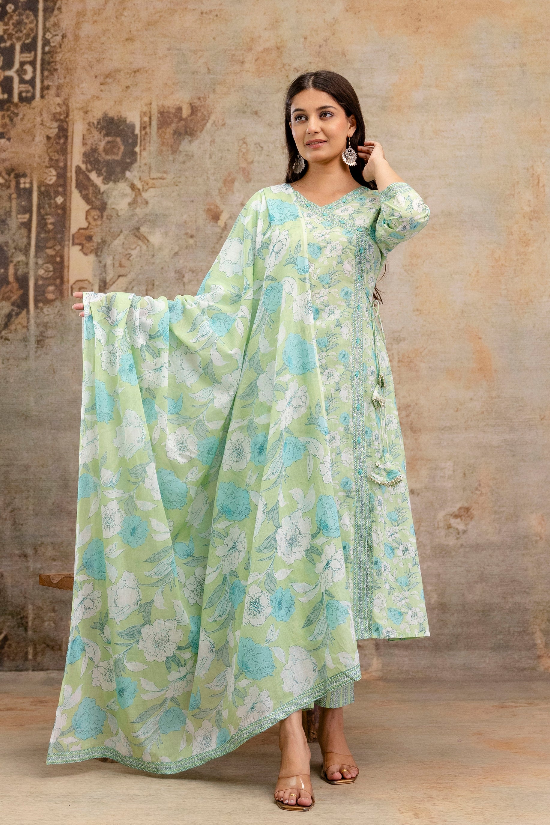 Pure cotton Floral print embroidered Angrakha Kurta pant dupatta set
