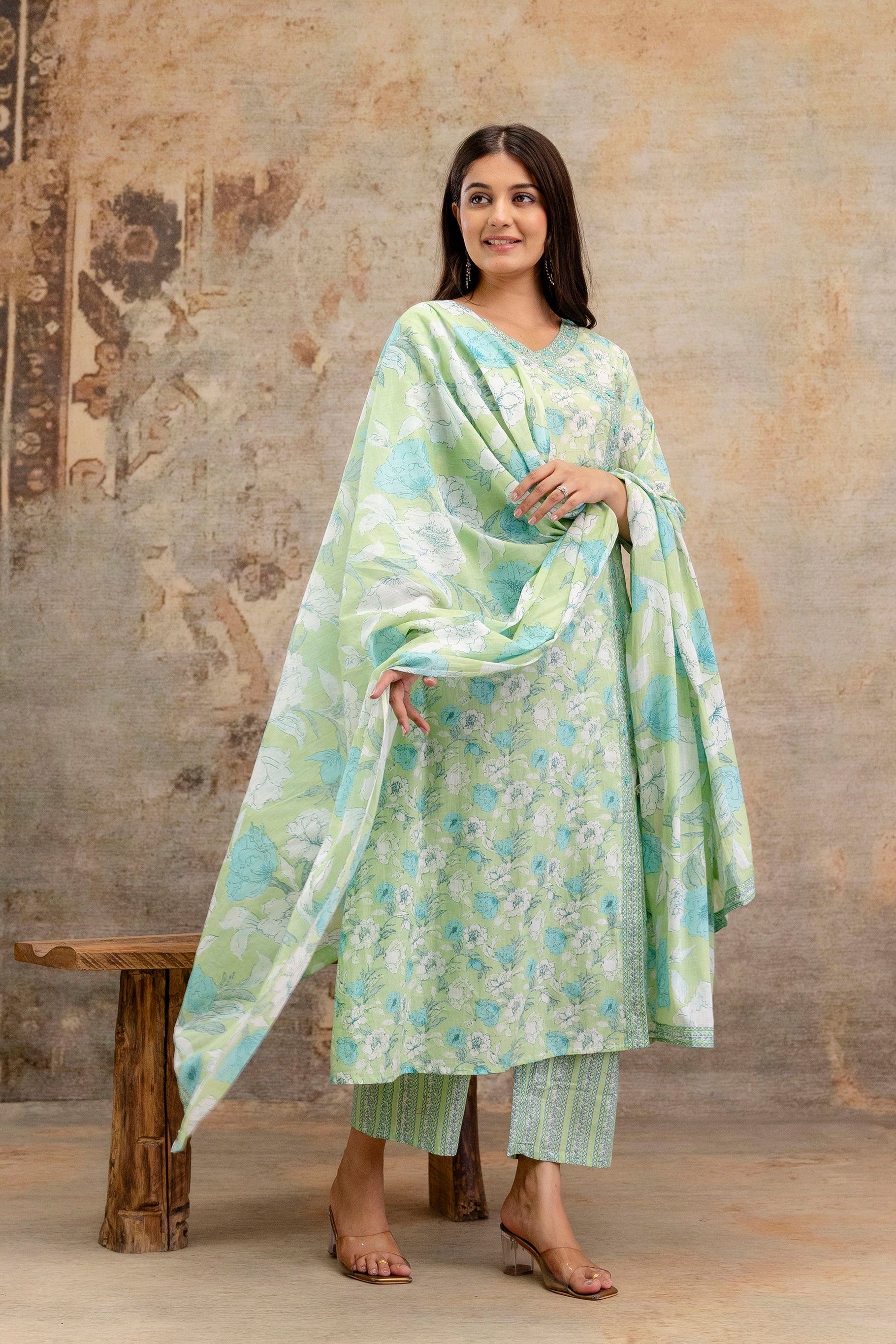 Pure cotton Floral print embroidered Angrakha Kurta pant dupatta set