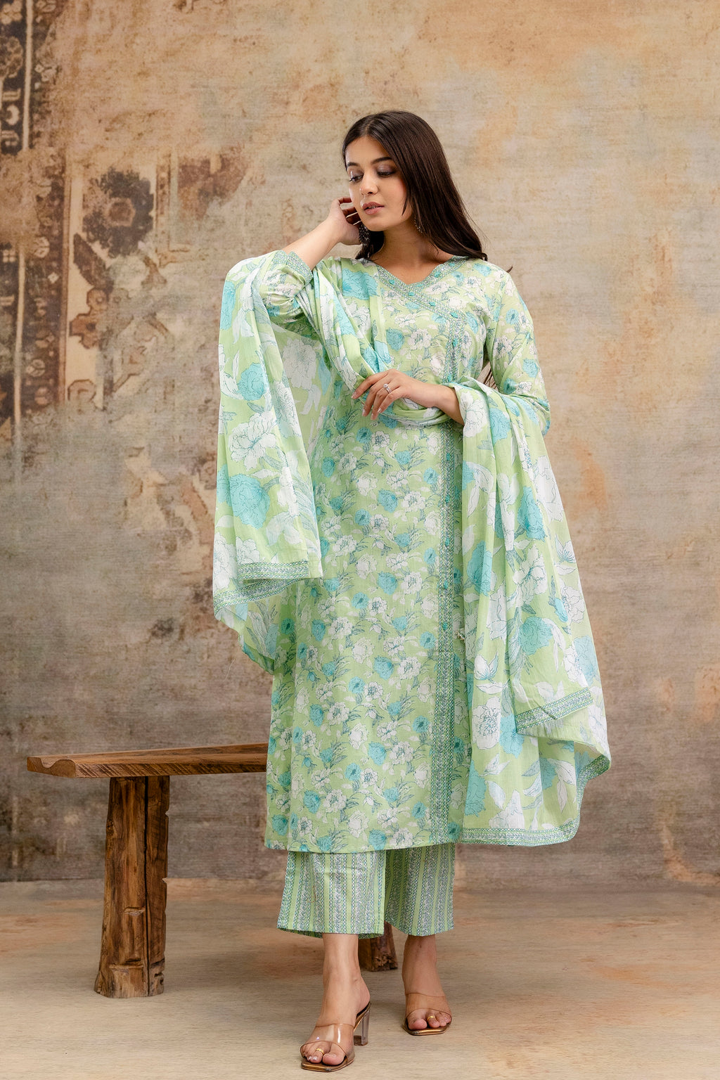Pure cotton Floral print embroidered Angrakha Kurta pant dupatta set