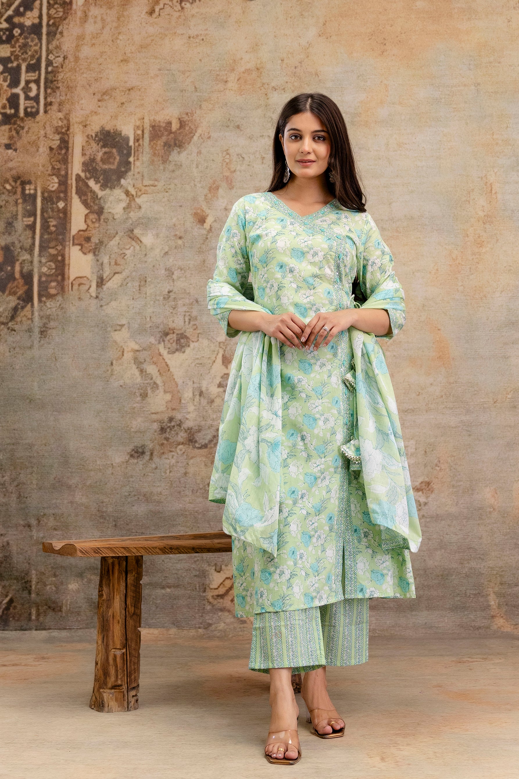 Pure cotton Floral print embroidered Angrakha Kurta pant dupatta set