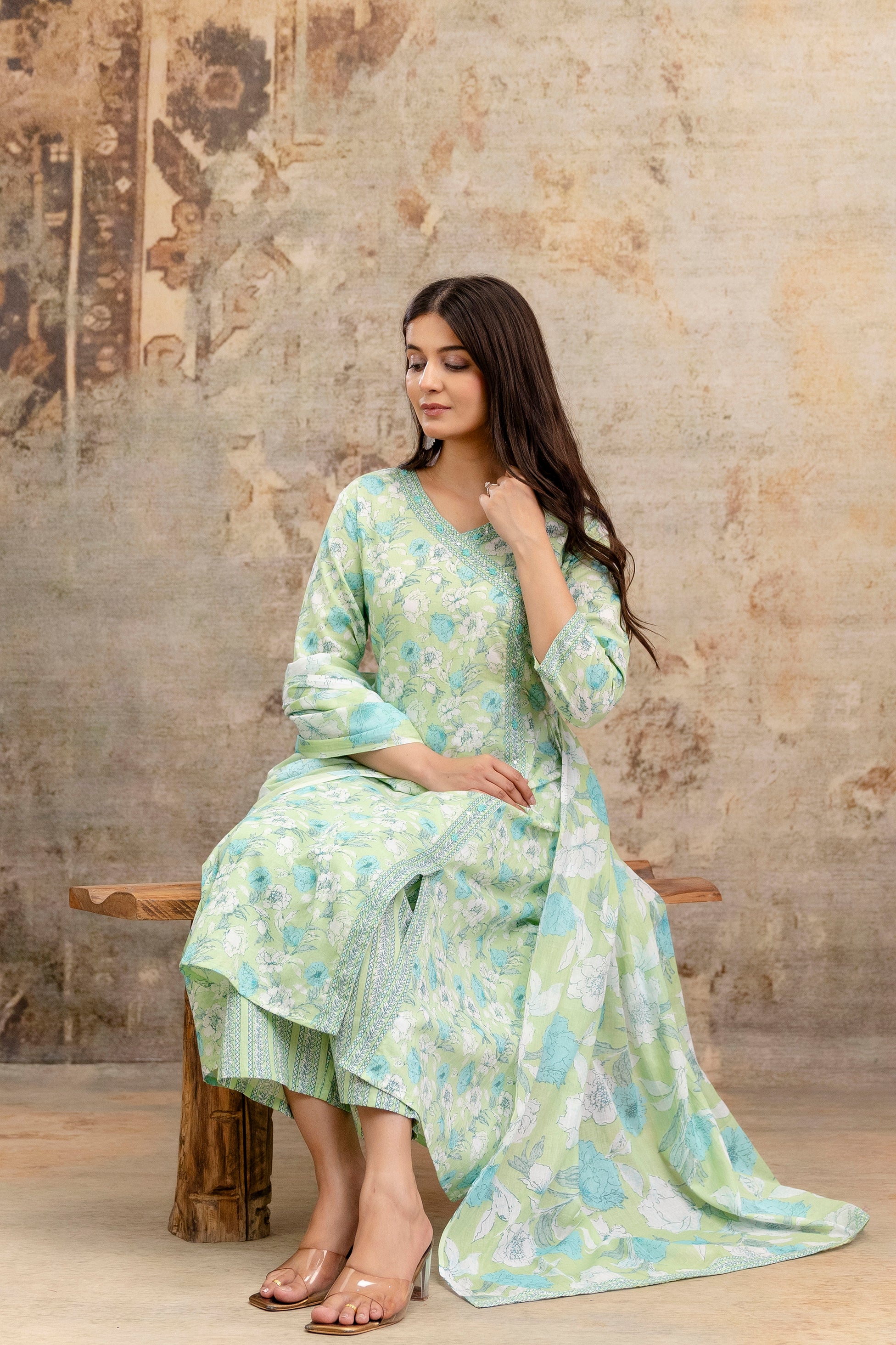 Pure cotton Floral print embroidered Angrakha Kurta pant dupatta set