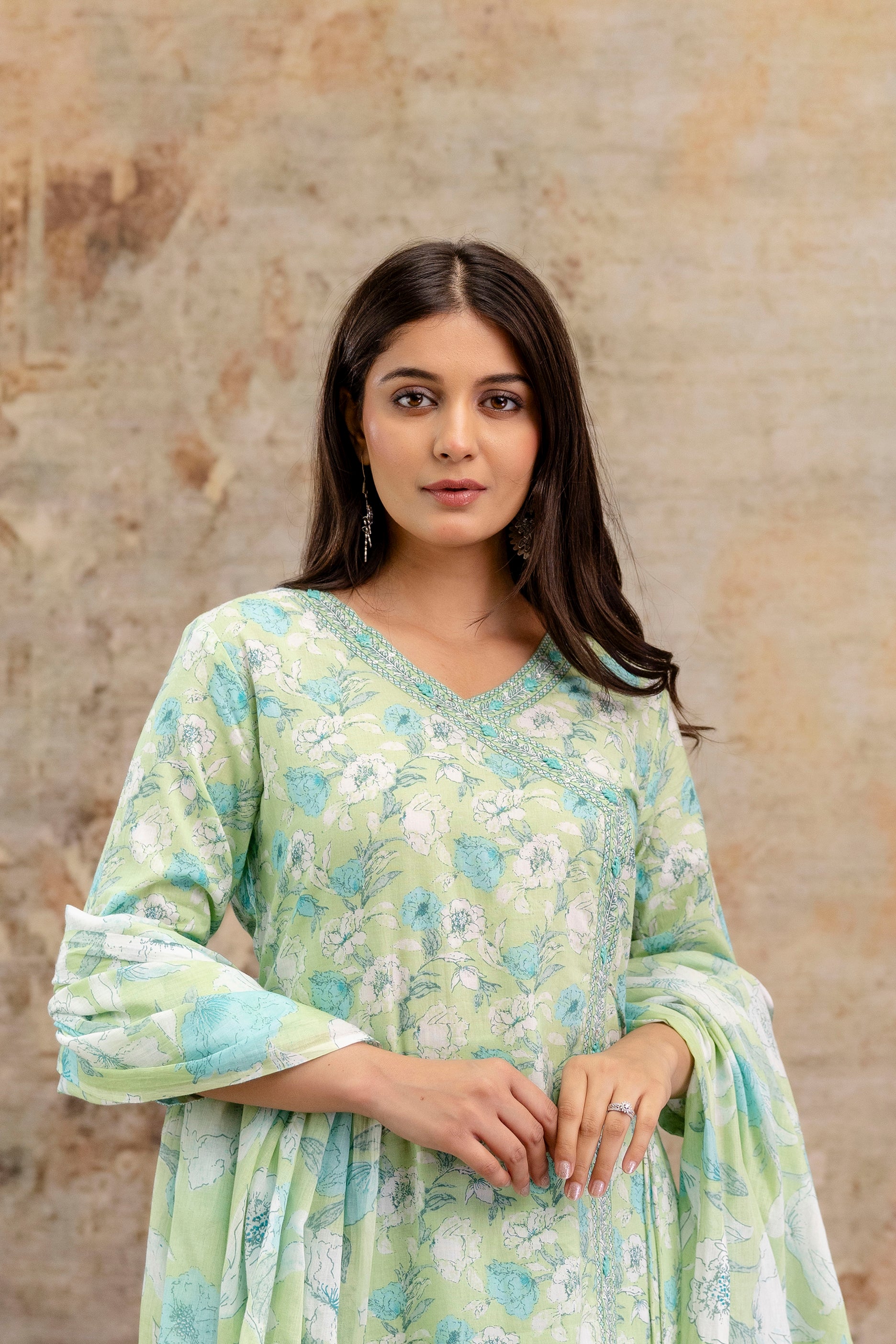 Pure cotton Floral print embroidered Angrakha Kurta pant dupatta set