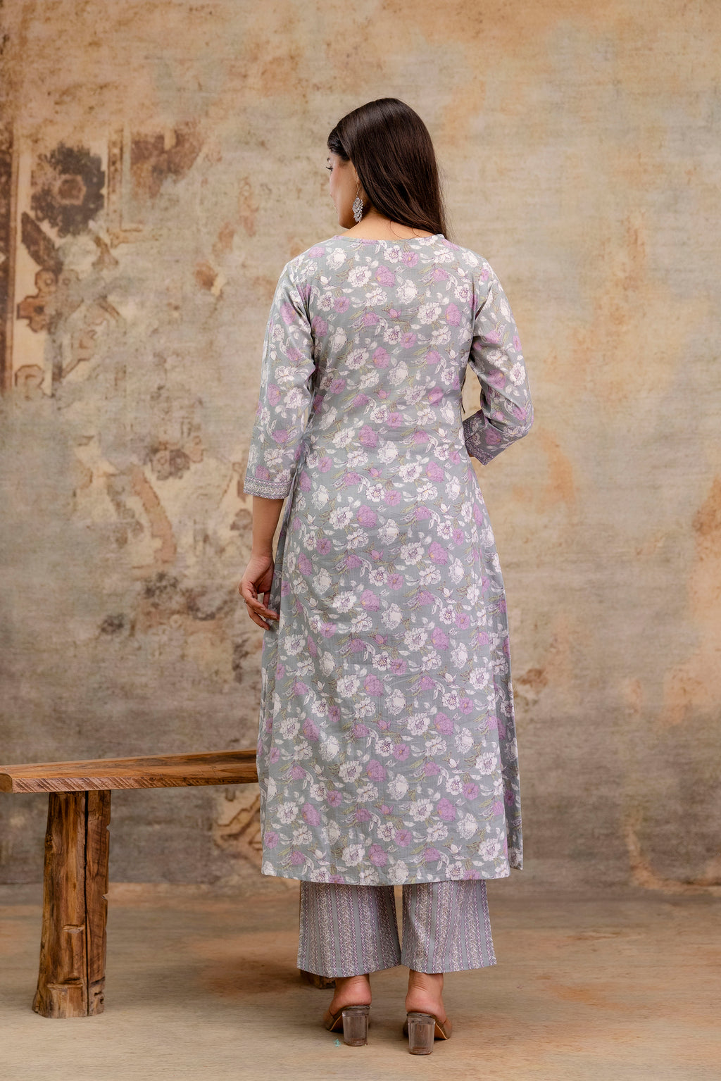 Pure cotton Floral print embroidered Angrakha Kurta pant dupatta set