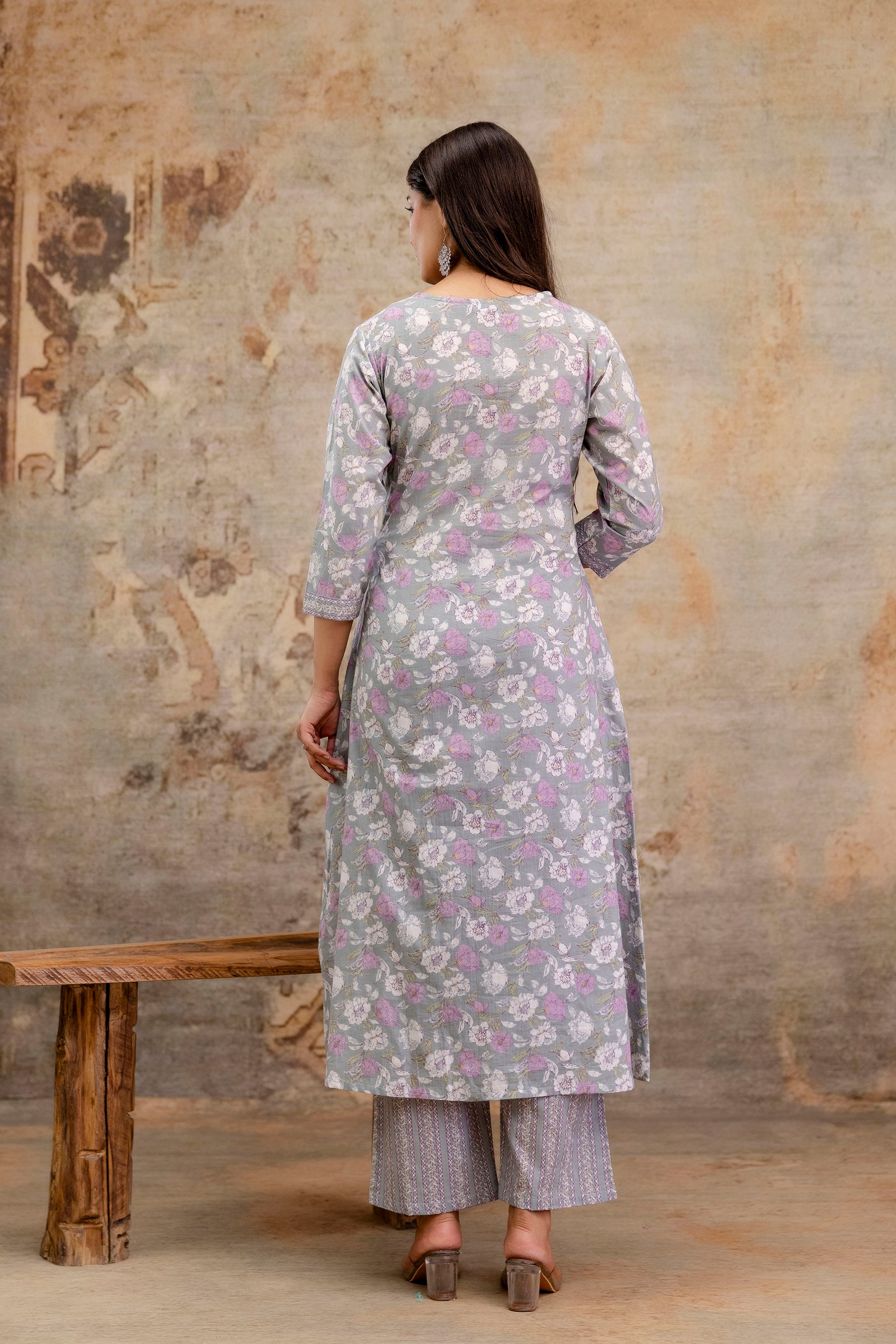 Pure cotton Floral print embroidered Angrakha Kurta pant dupatta set