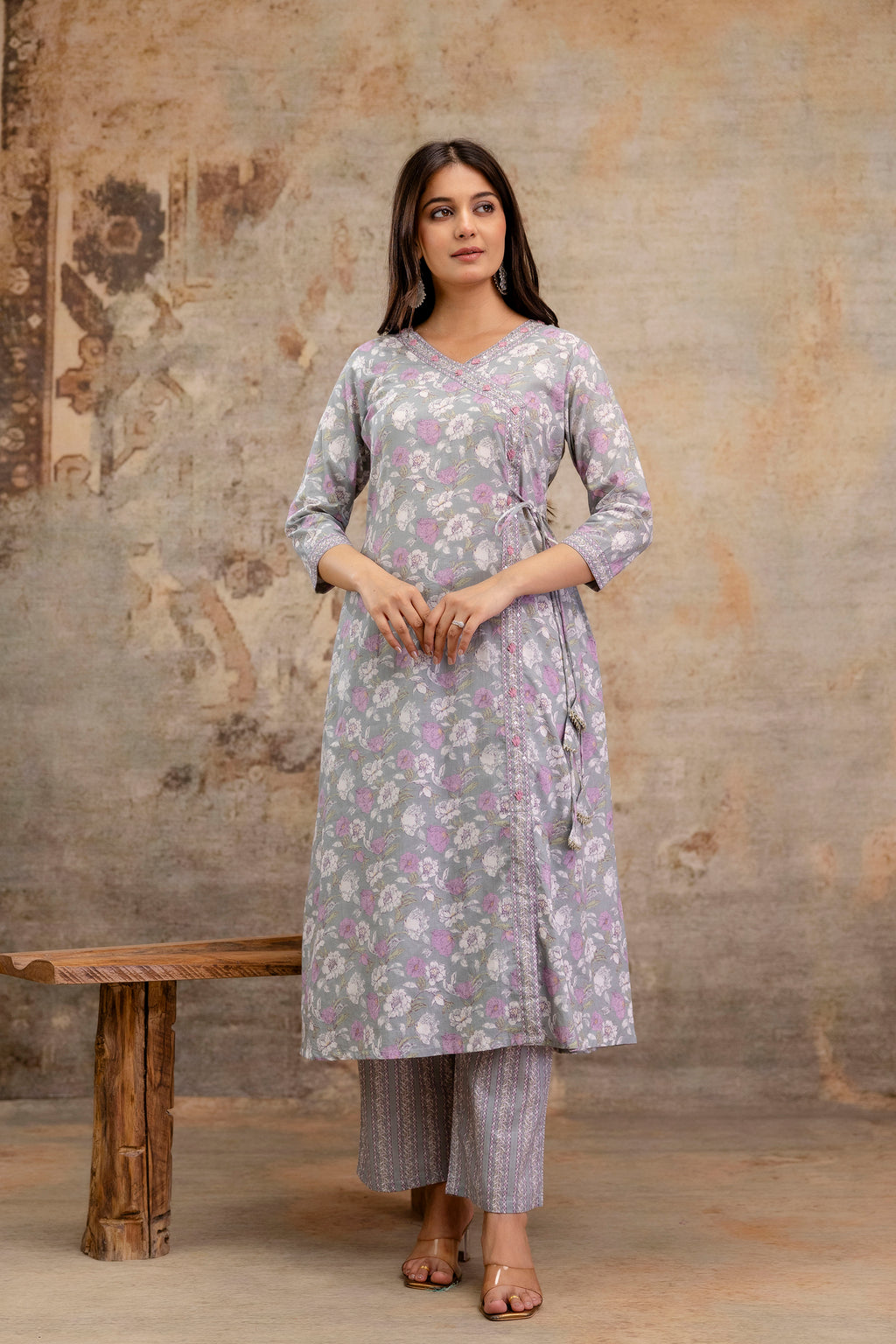 Pure cotton Floral print embroidered Angrakha Kurta pant dupatta set
