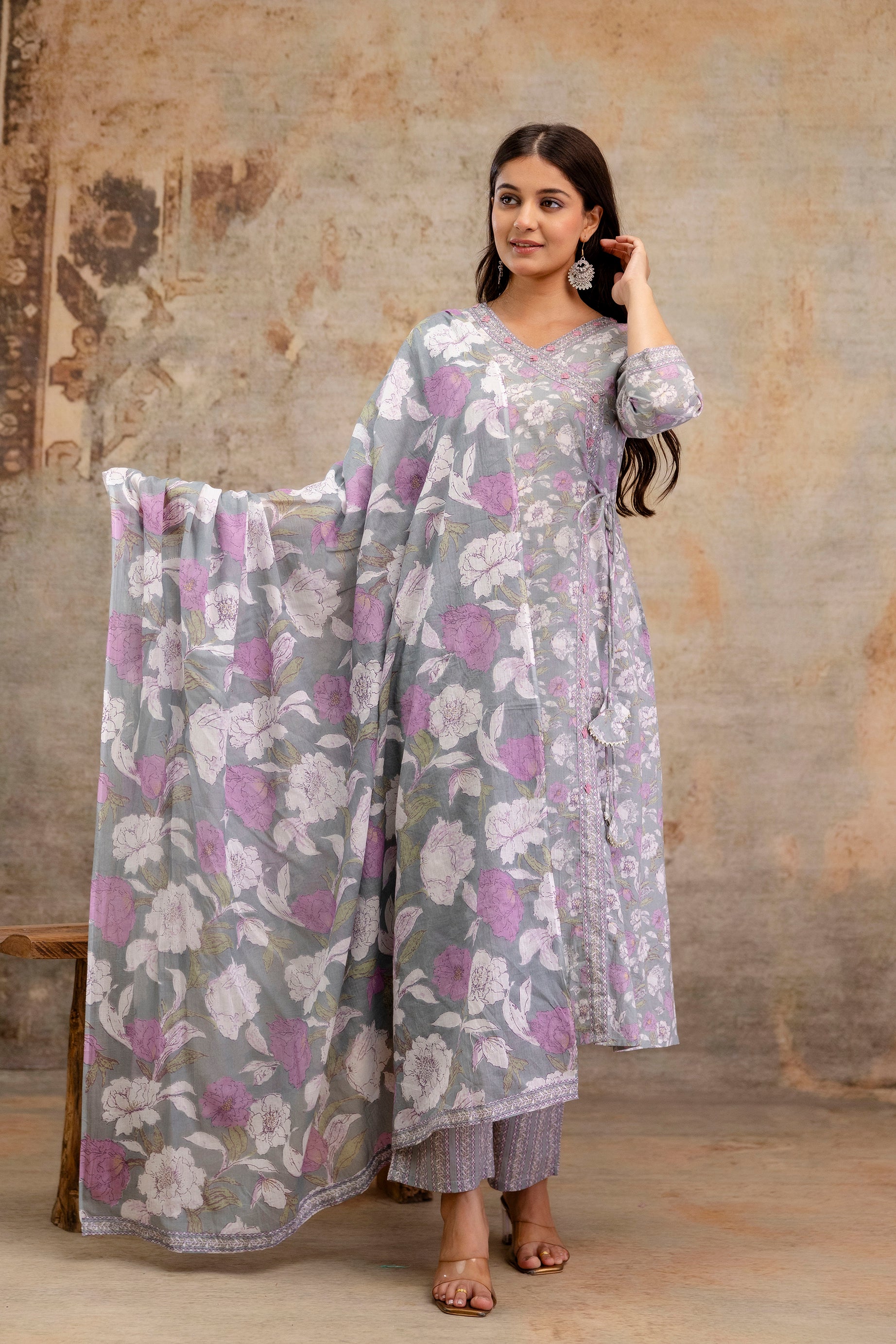 Pure cotton Floral print embroidered Angrakha Kurta pant dupatta set