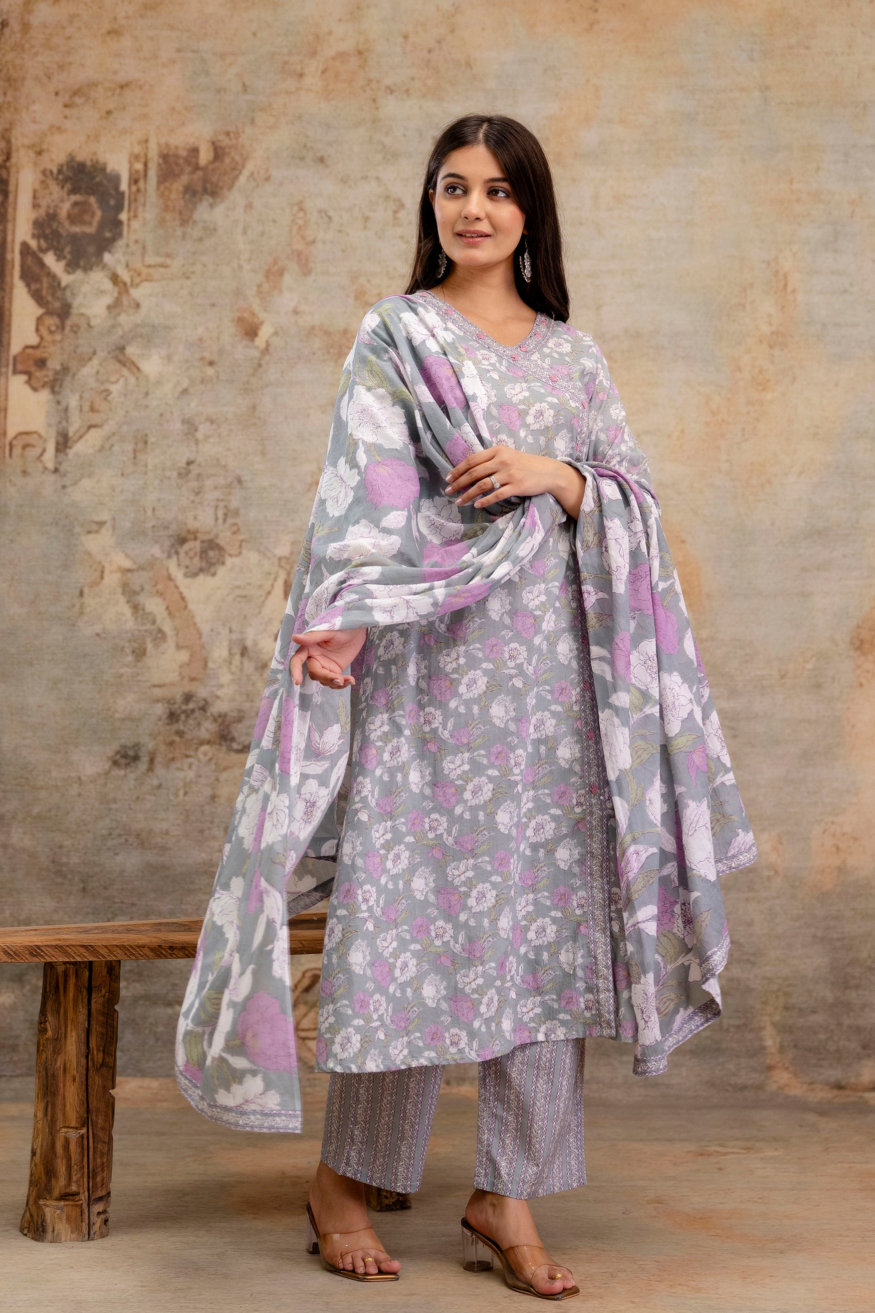 Pure cotton Floral print embroidered Angrakha Kurta pant dupatta set