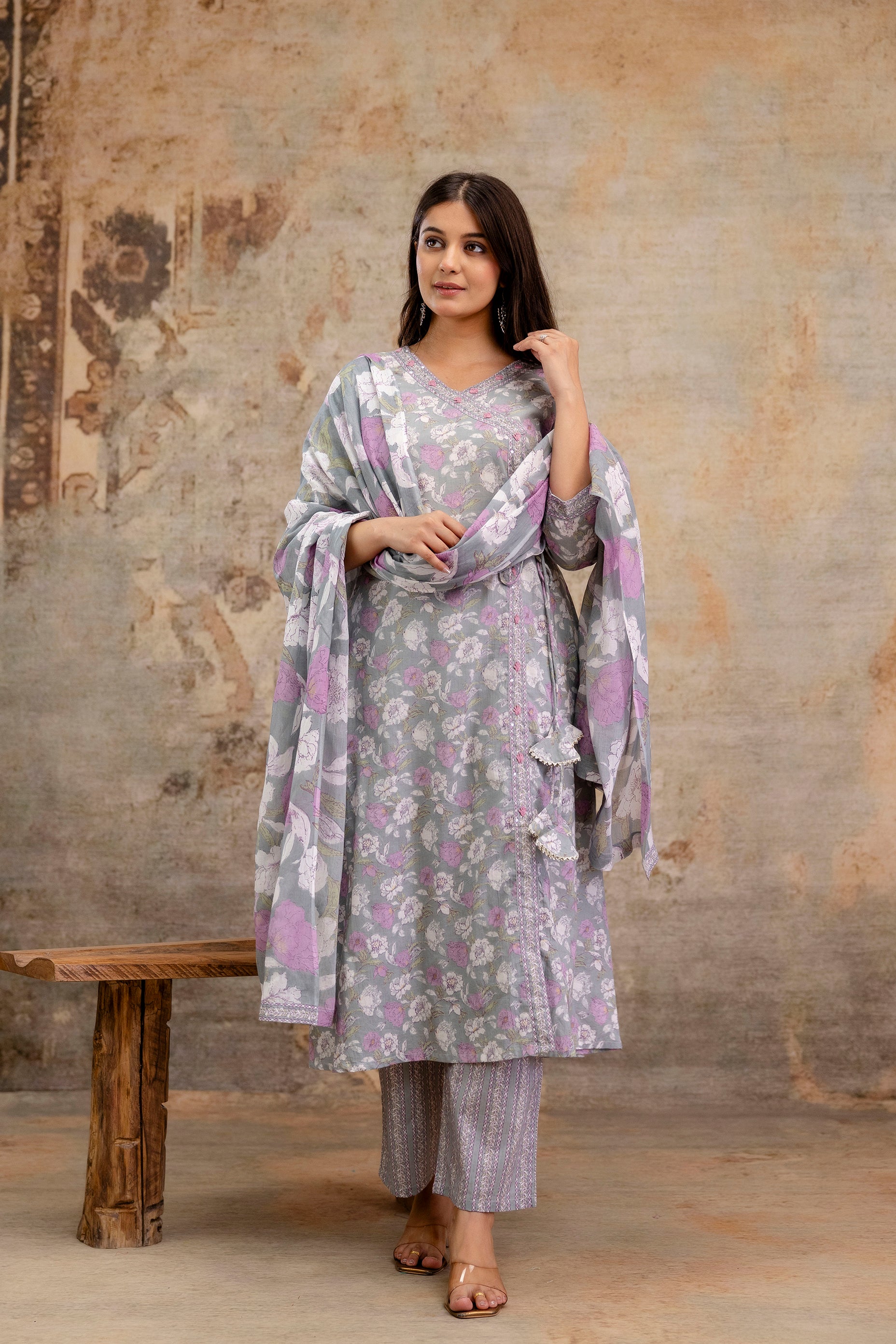 Pure cotton Floral print embroidered Angrakha Kurta pant dupatta set
