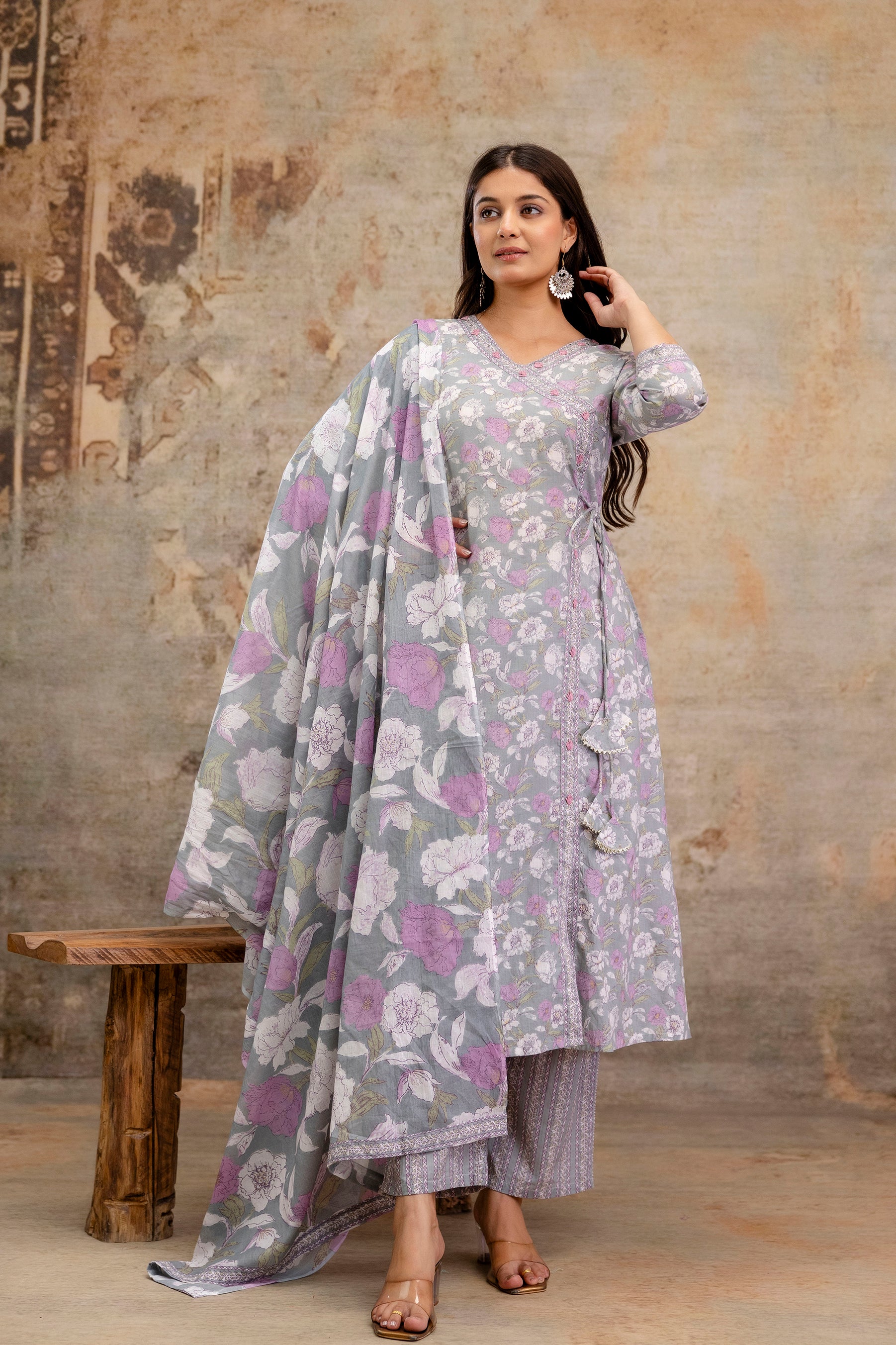 Pure cotton Floral print embroidered Angrakha Kurta pant dupatta set