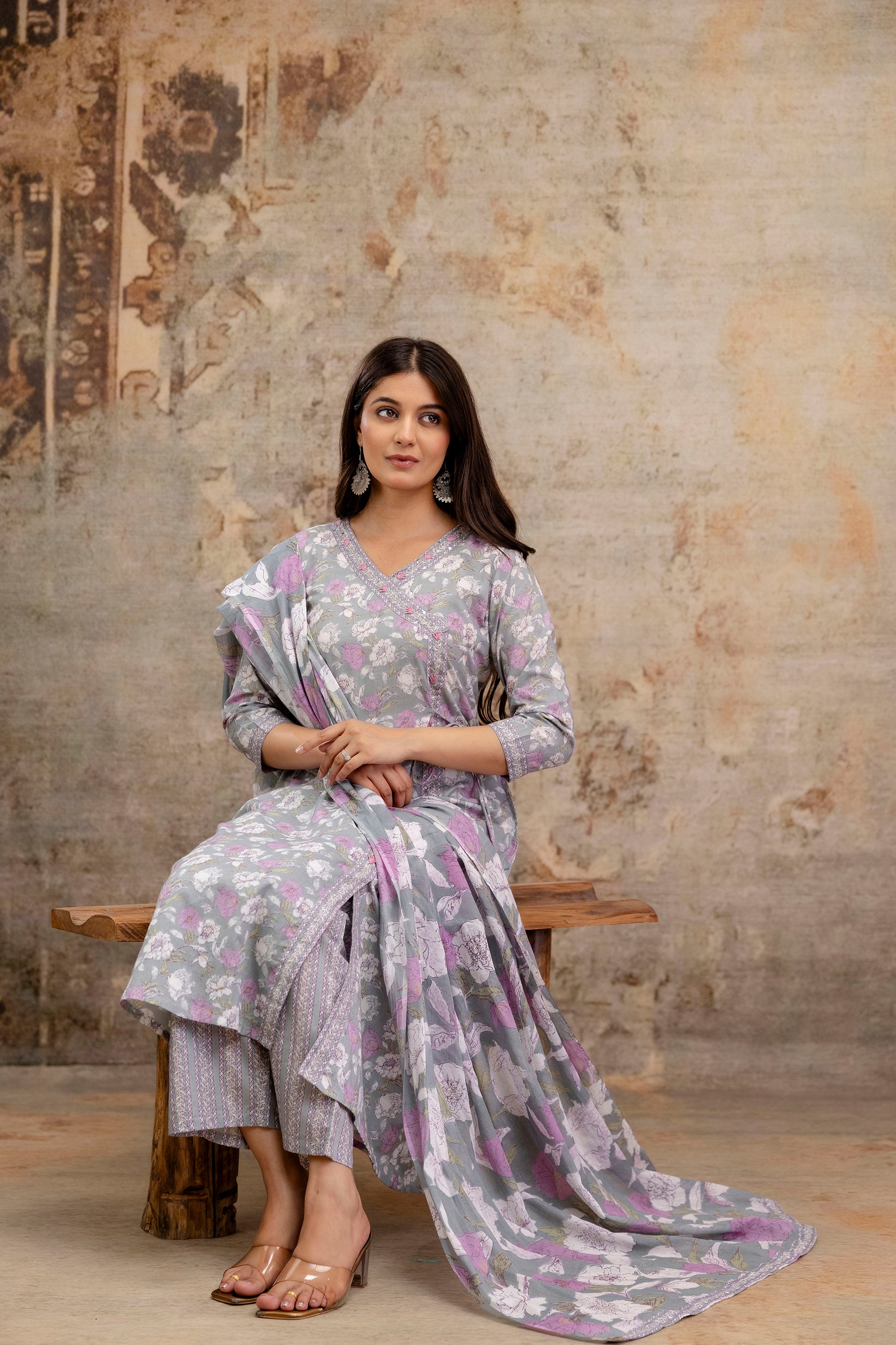 Pure cotton Floral print embroidered Angrakha Kurta pant dupatta set