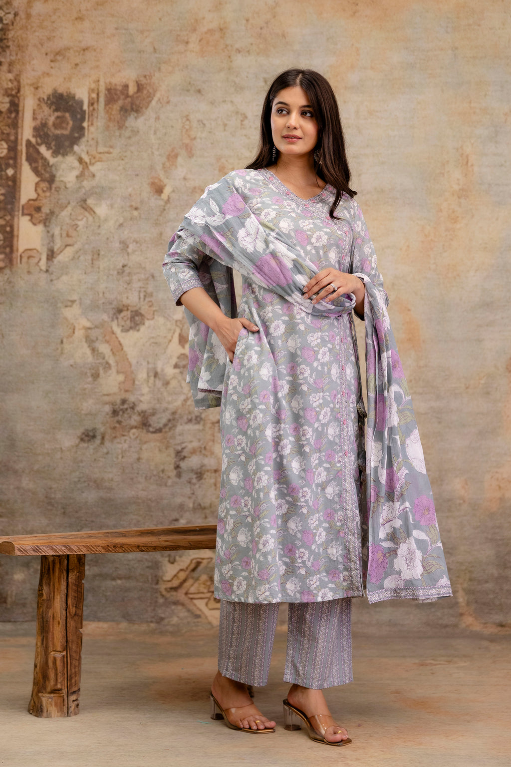 Pure cotton Floral print embroidered Angrakha Kurta pant dupatta set
