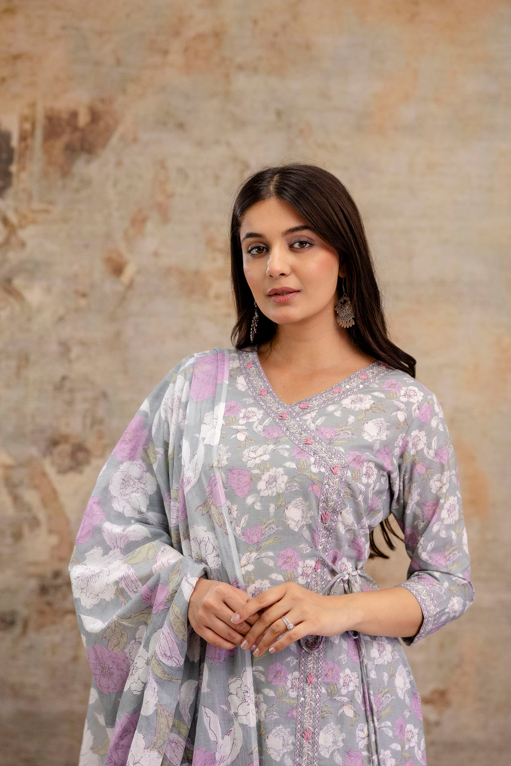 Pure cotton Floral print embroidered Angrakha Kurta pant dupatta set