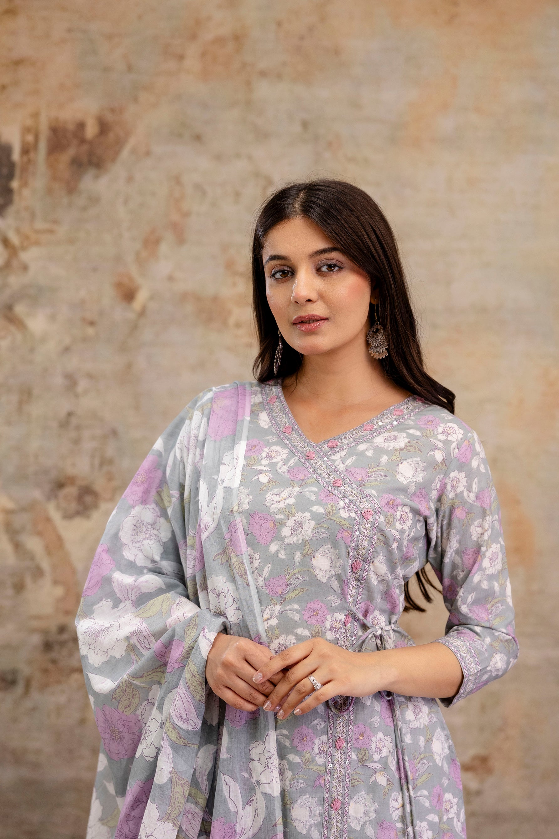 Pure cotton Floral print embroidered Angrakha Kurta pant dupatta set