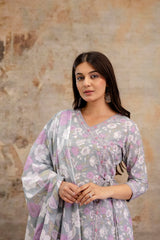 Pure cotton Floral print embroidered Angrakha Kurta pant dupatta set