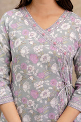 Pure cotton Floral print embroidered Angrakha Kurta pant dupatta set